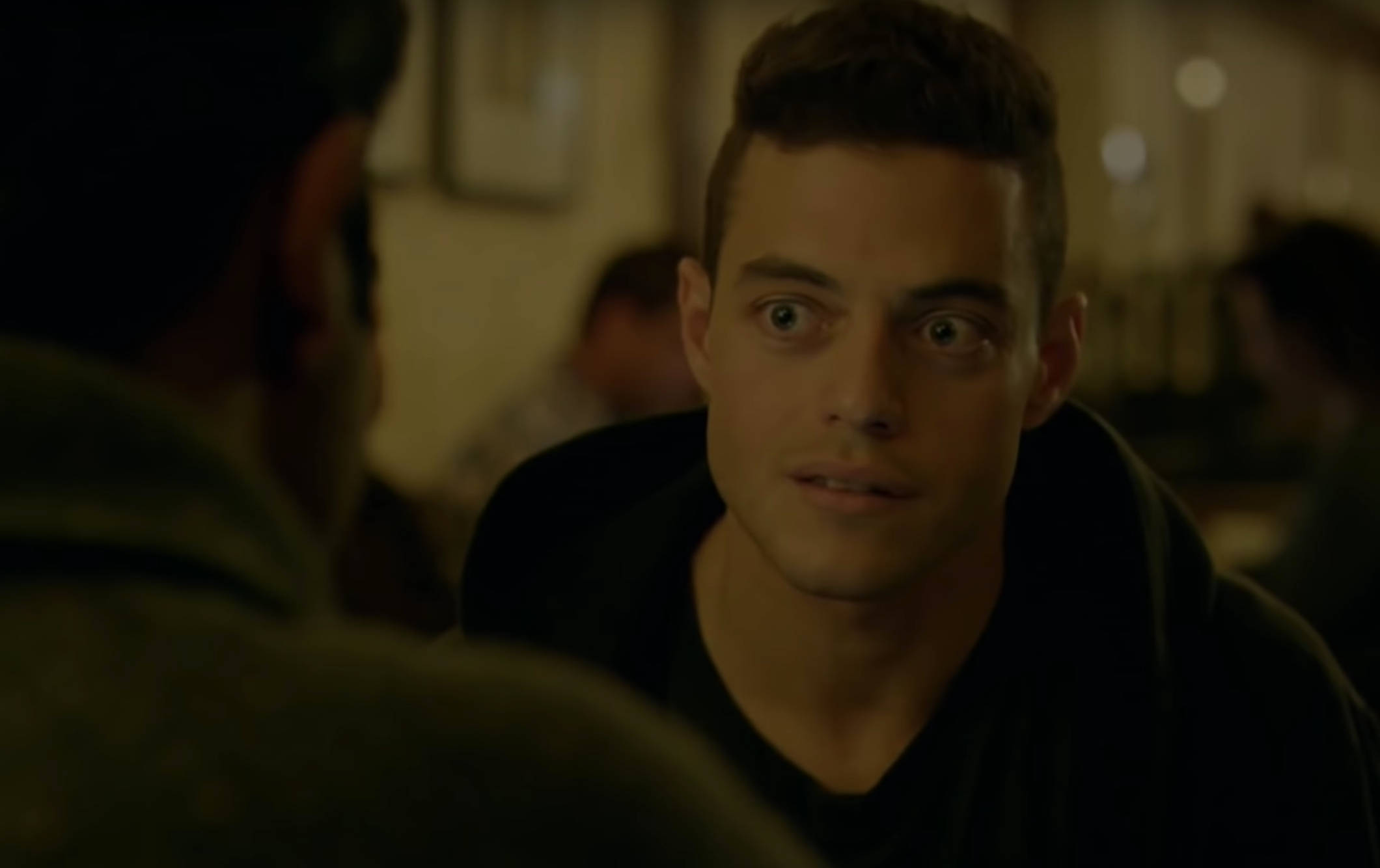 Rami Malek, big eyes, dimly lit room, Full HD Desktop Wallpaper