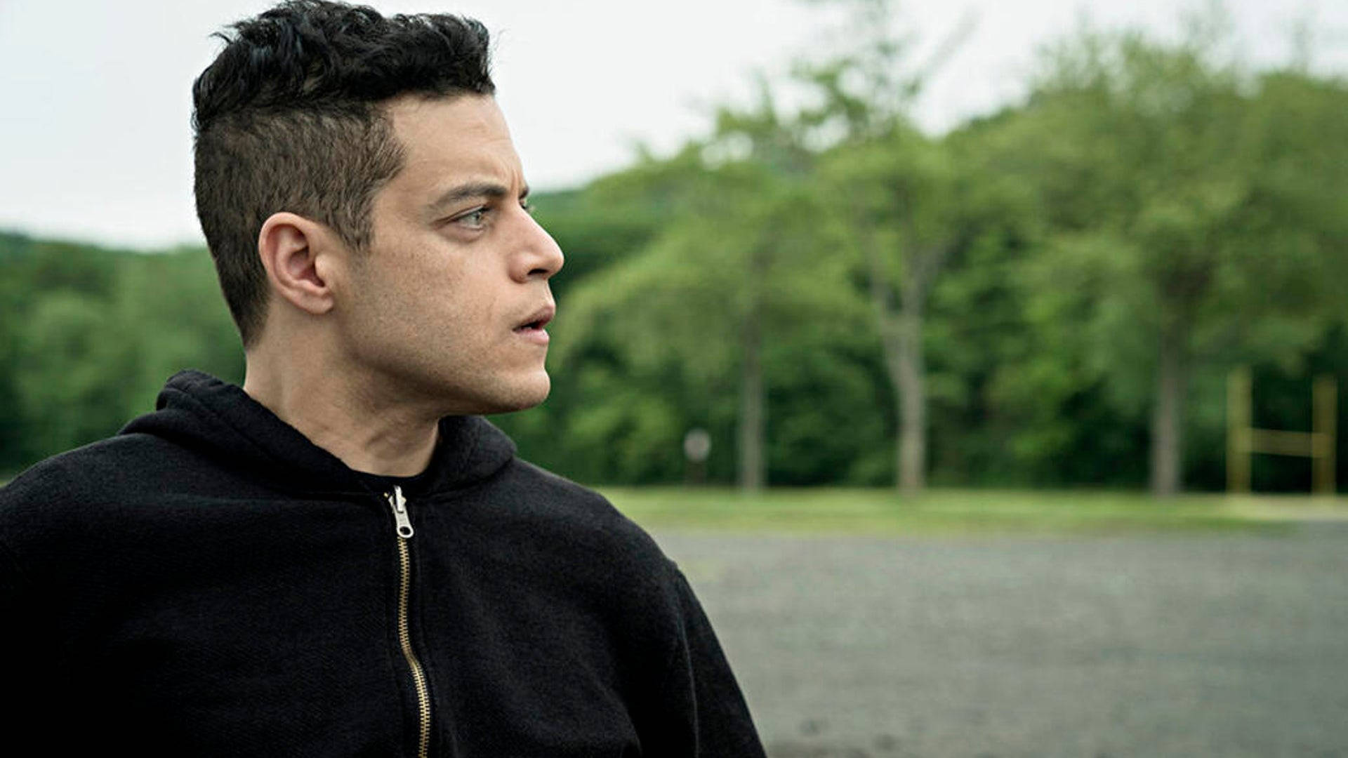 Rami Malek, black zip hoodie, green trees, Full HD Desktop Wallpaper