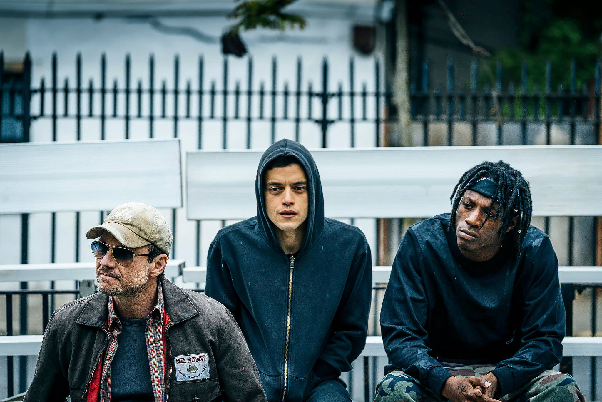 Rami Malek, white bench, overcast sky, Full HD Desktop Wallpaper