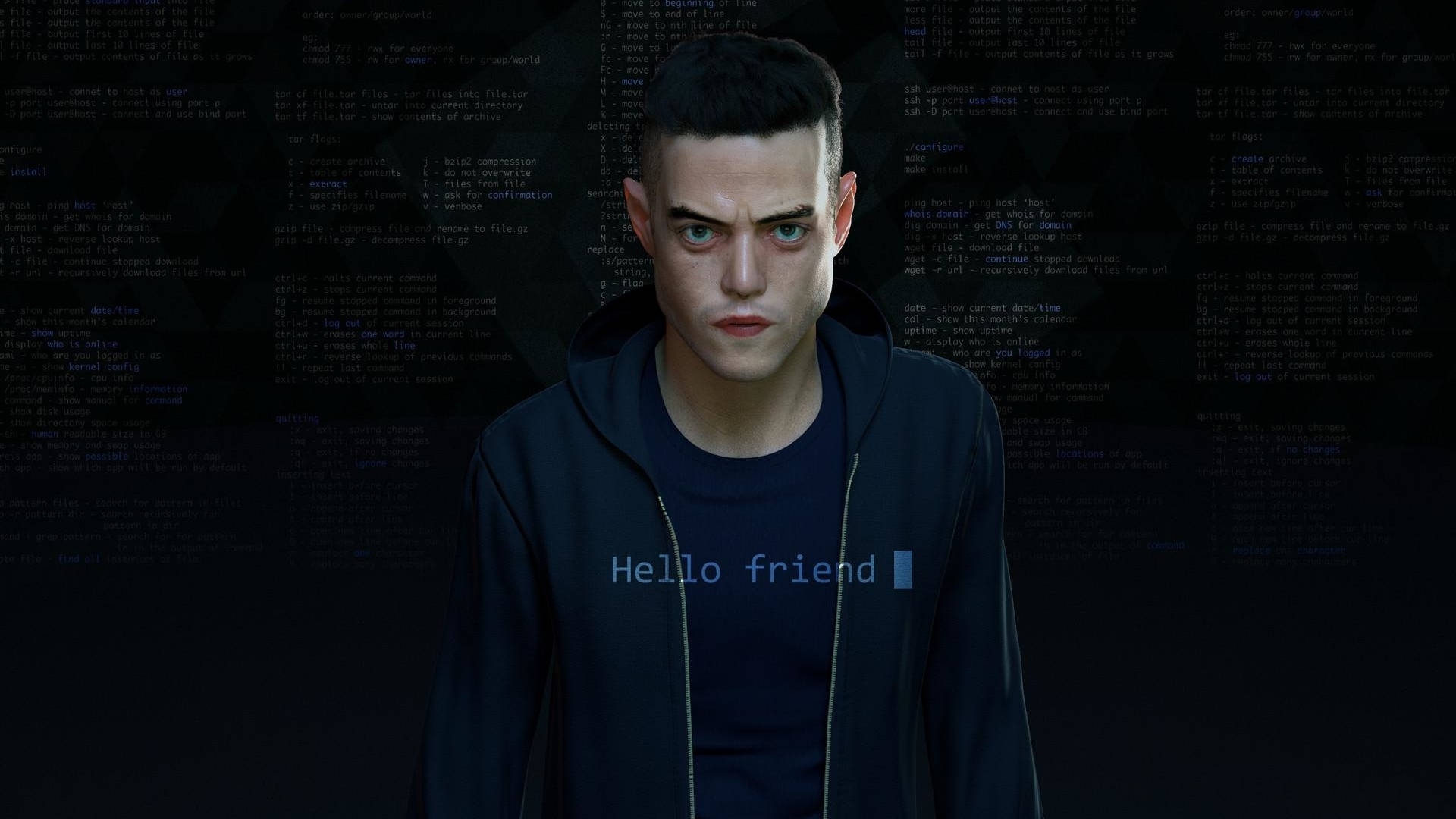 Rami Malek, dark hoodie, glowing digital code, Full HD Desktop Wallpaper