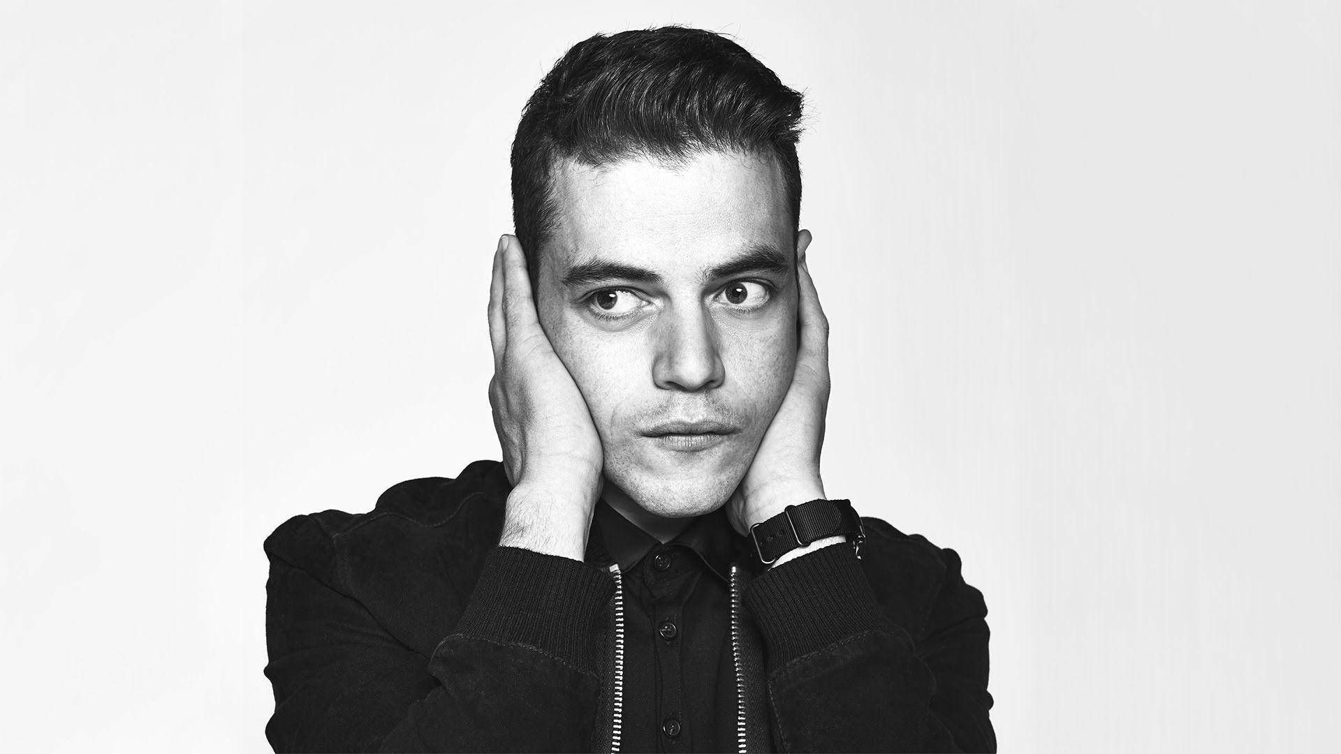 Rami Malek, black jacket, plain white background, Full HD Desktop Wallpaper