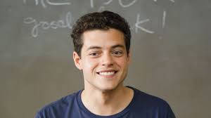 Rami Malek, blue shirt, chalkboard, SD Desktop Wallpaper