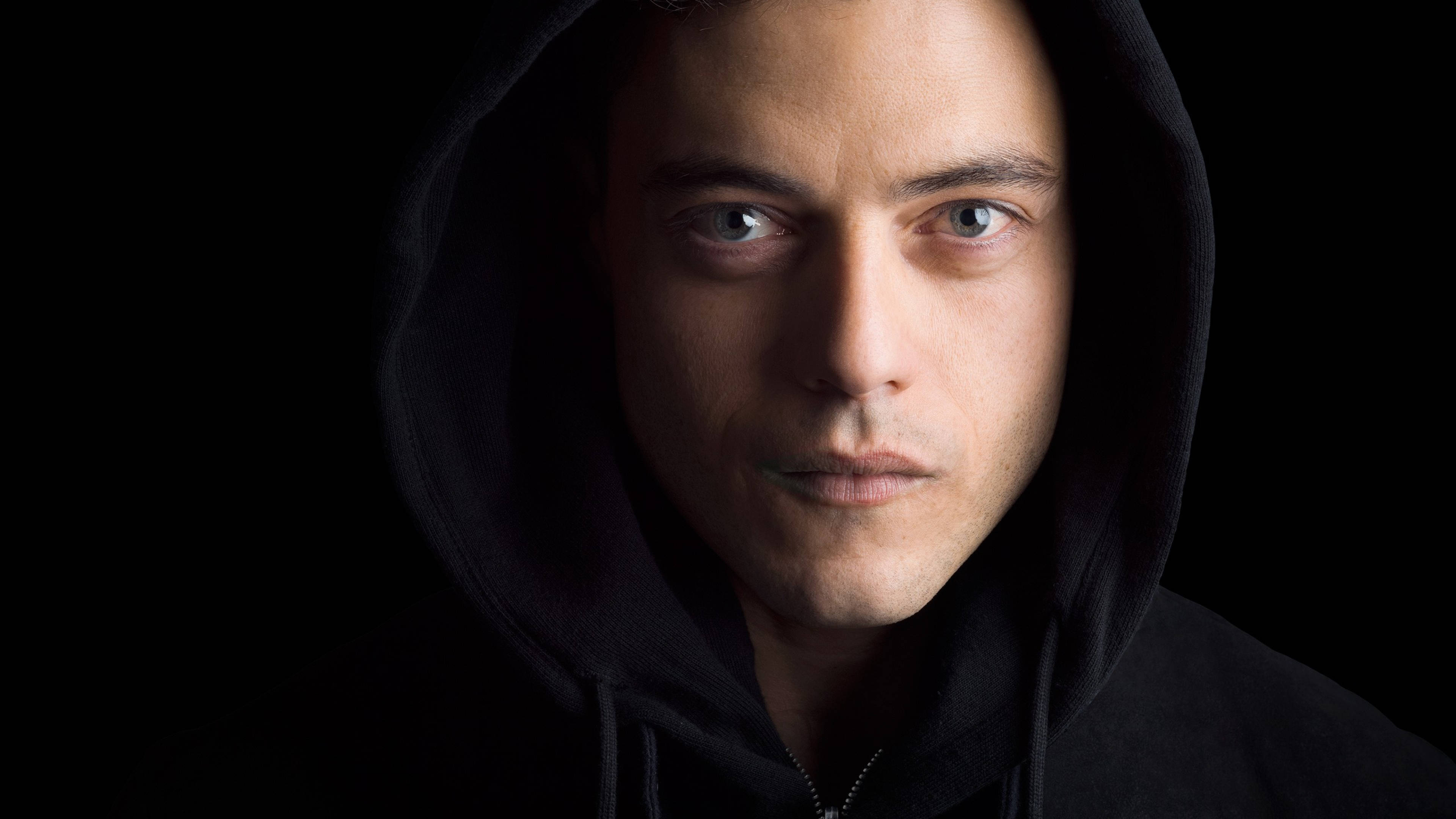 Rami Malek, black hoodie, piercing blue eyes, 4K Desktop Wallpaper