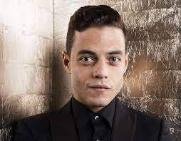 Rami Malek, black suit, textured metallic wall, SD Desktop Wallpaper