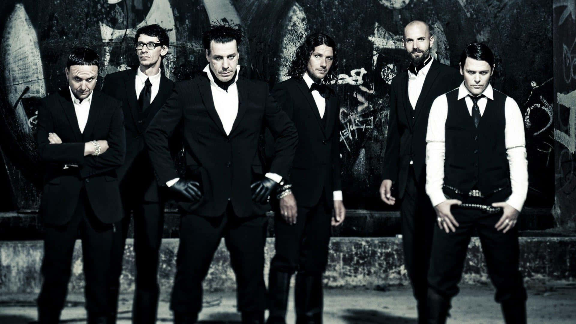 Rammstein, black suits, graffiti-covered urban wall, Full HD Desktop Wallpaper