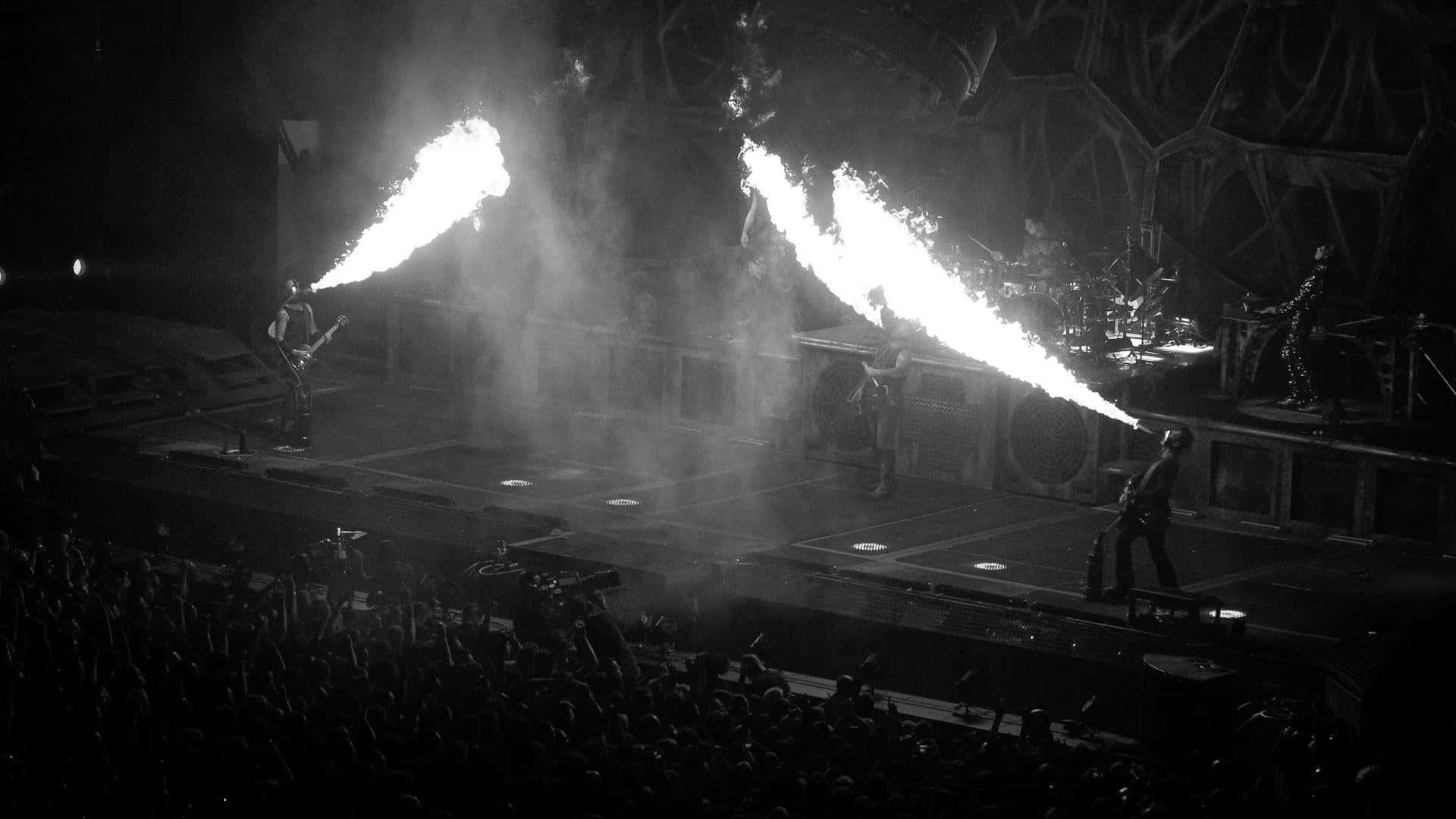 Rammstein, concert fire show, black and white, Full HD Desktop Wallpaper