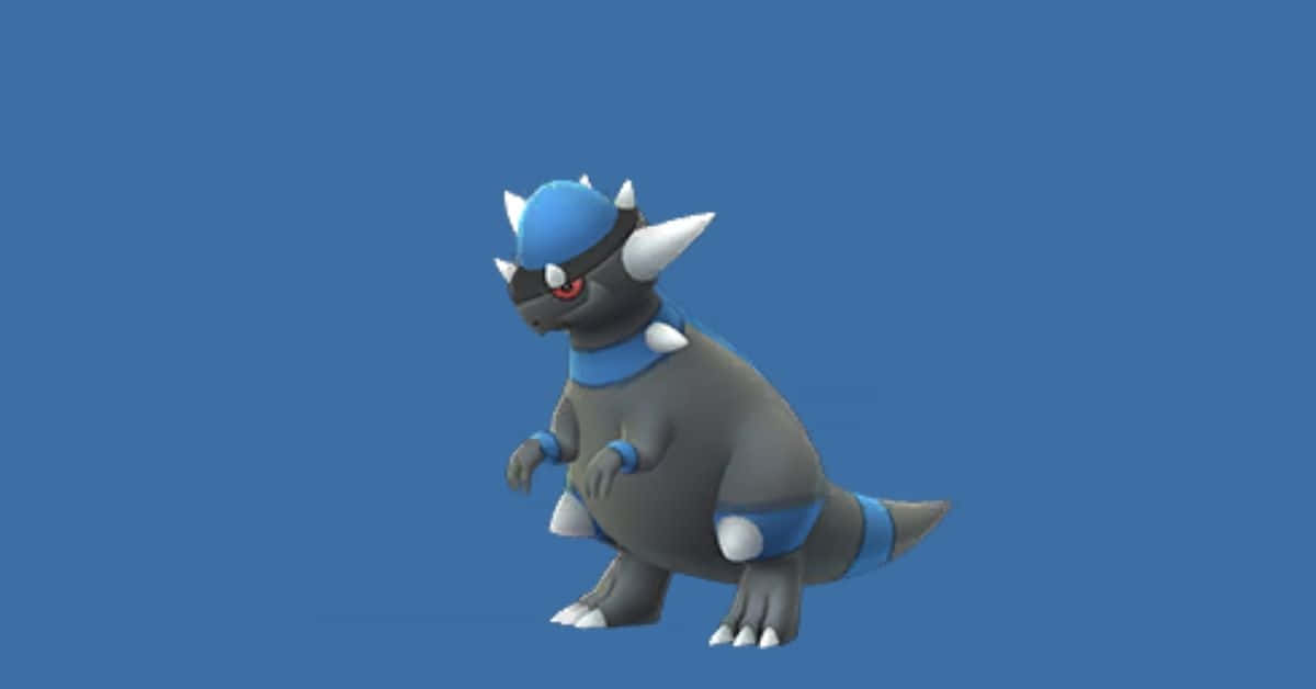 Rampardos, blue and gray armored dinosaur-like Pokémon, solid blue background, SD Desktop Wallpaper