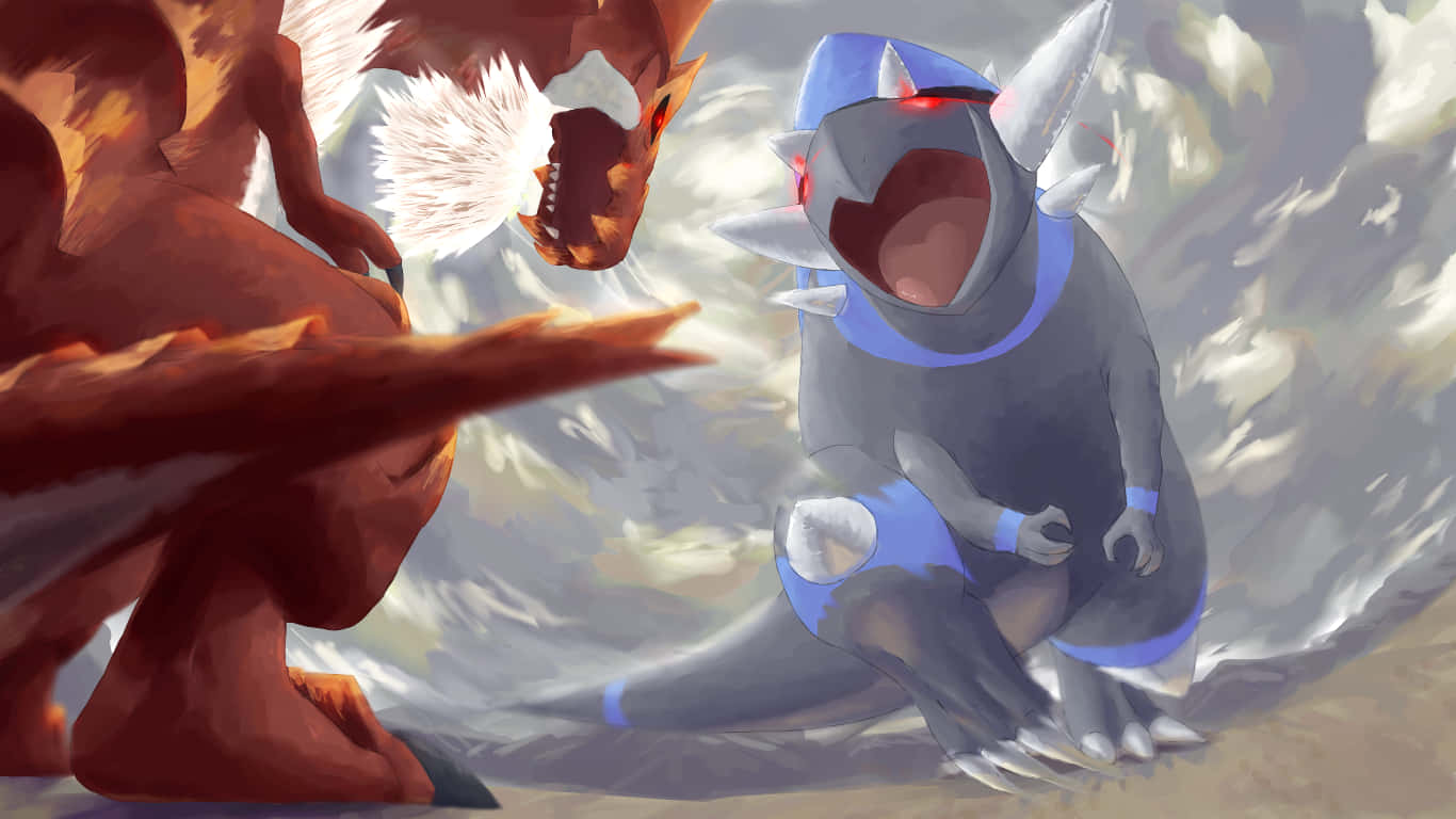 Rampardos, fiery dragon, blue armored creature, HD Desktop Wallpaper