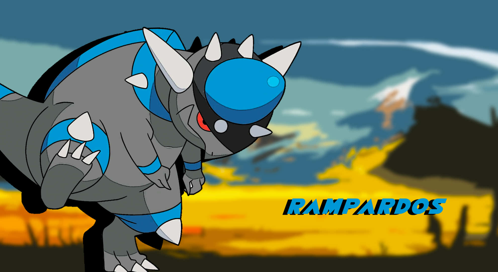 Rampardos, blue and gray, fiery sunset landscape, Full HD Desktop Wallpaper