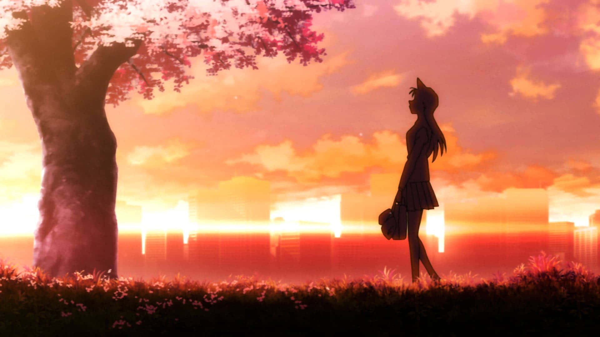 Ran Mouri, school uniform, cherry blossom tree, Full HD Desktop Wallpaper