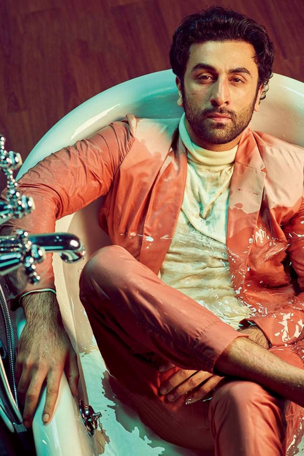 Ranbir Kapoor, wet coral suit, white bathtub, Full HD Phone Wallpaper