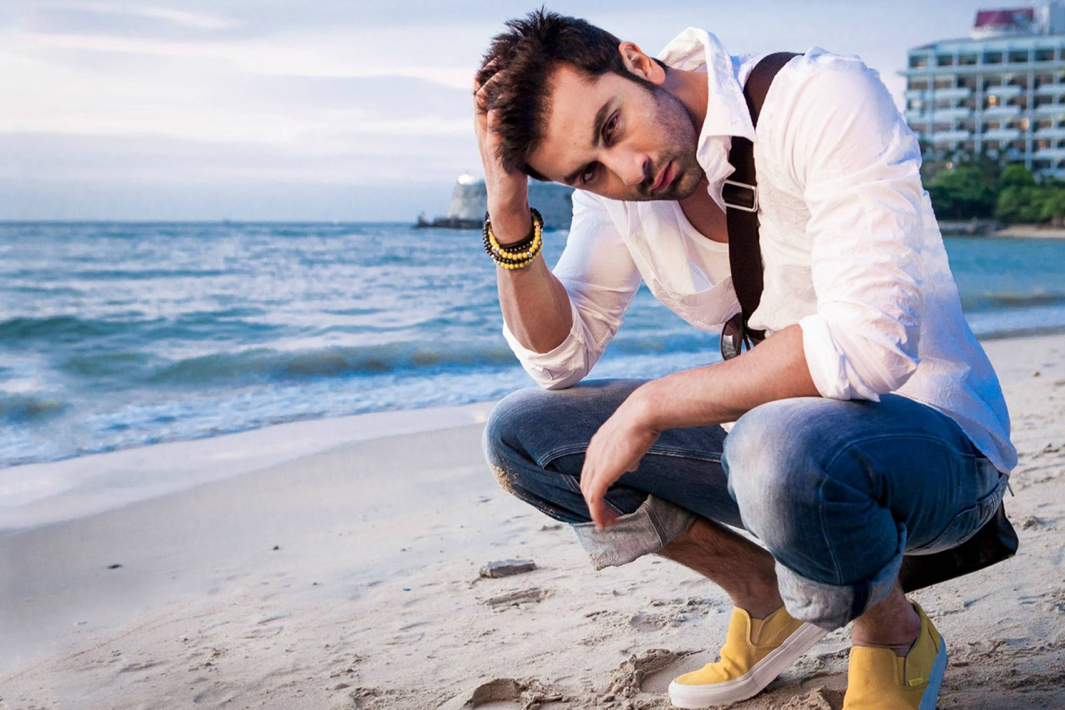 Ranbir Kapoor, beach, white shirt, Full HD Desktop Wallpaper