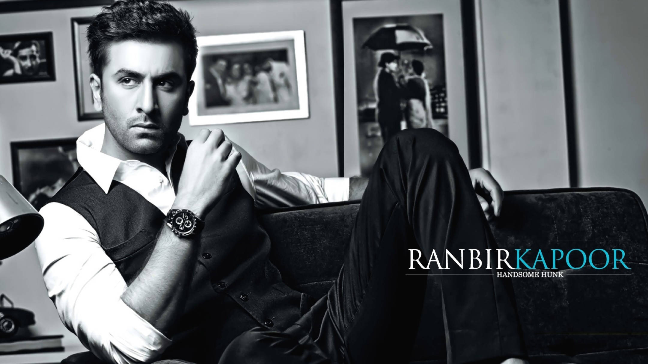 Ranbir Kapoor, monochrome studio setting, couch, Full HD Desktop Wallpaper