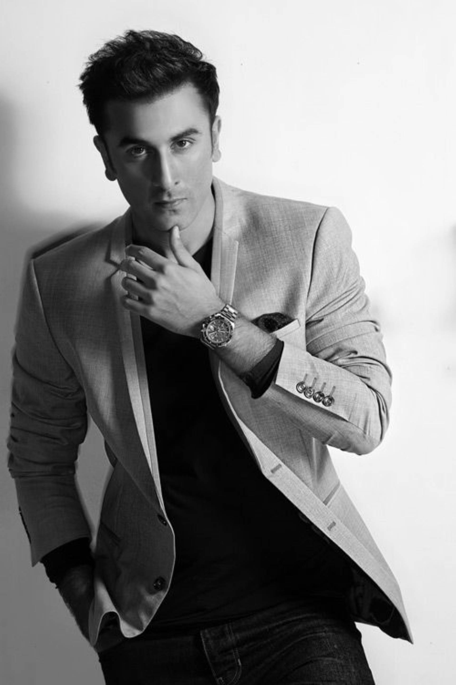 Ranbir Kapoor, blazer, black and white studio shot, 2K Phone Wallpaper