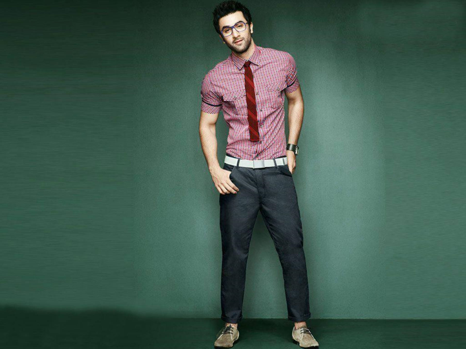 Ranbir Kapoor, red checkered shirt, red tie, Full HD Desktop Wallpaper