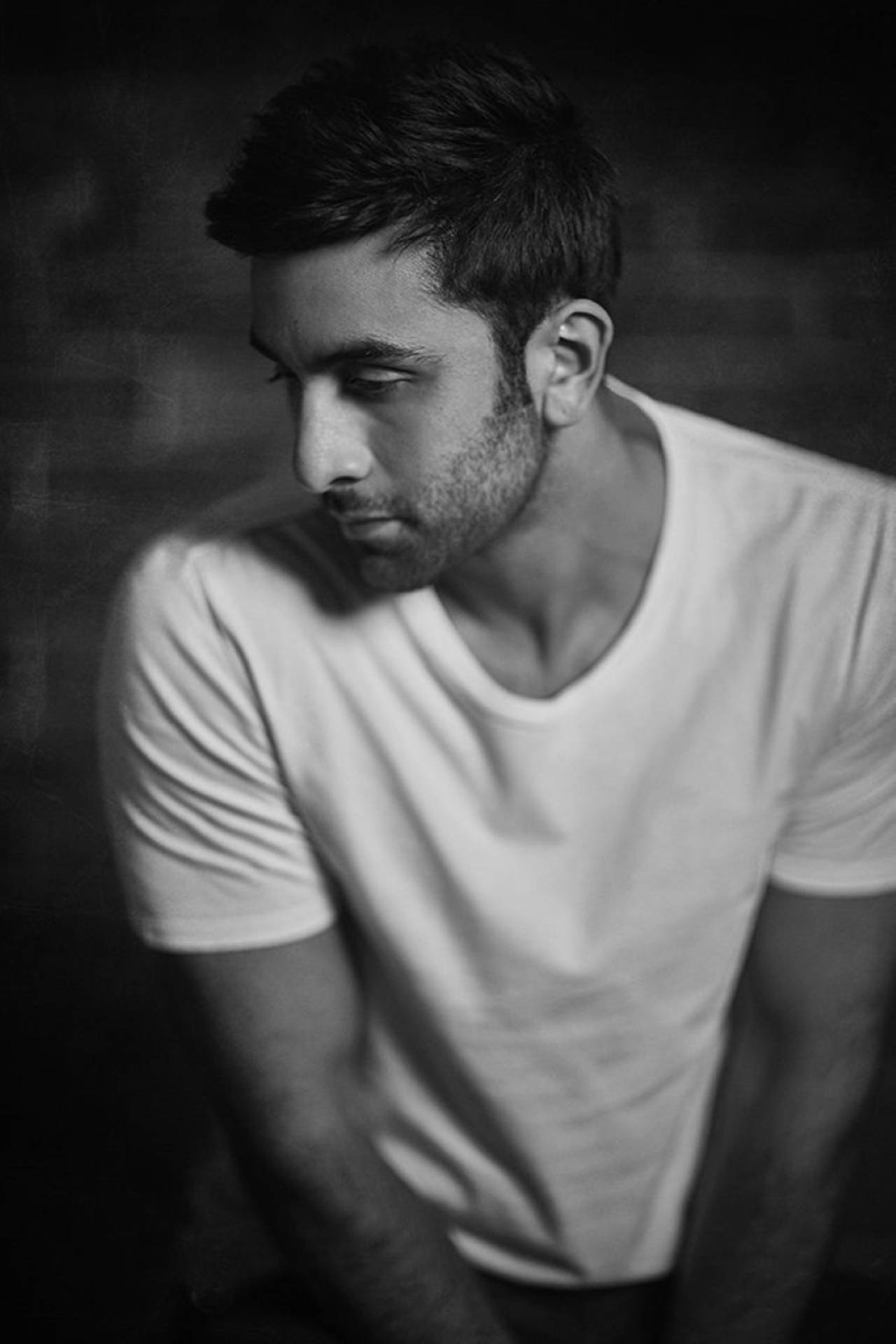 Ranbir Kapoor, white t-shirt, black and white portrait, Full HD Phone Wallpaper