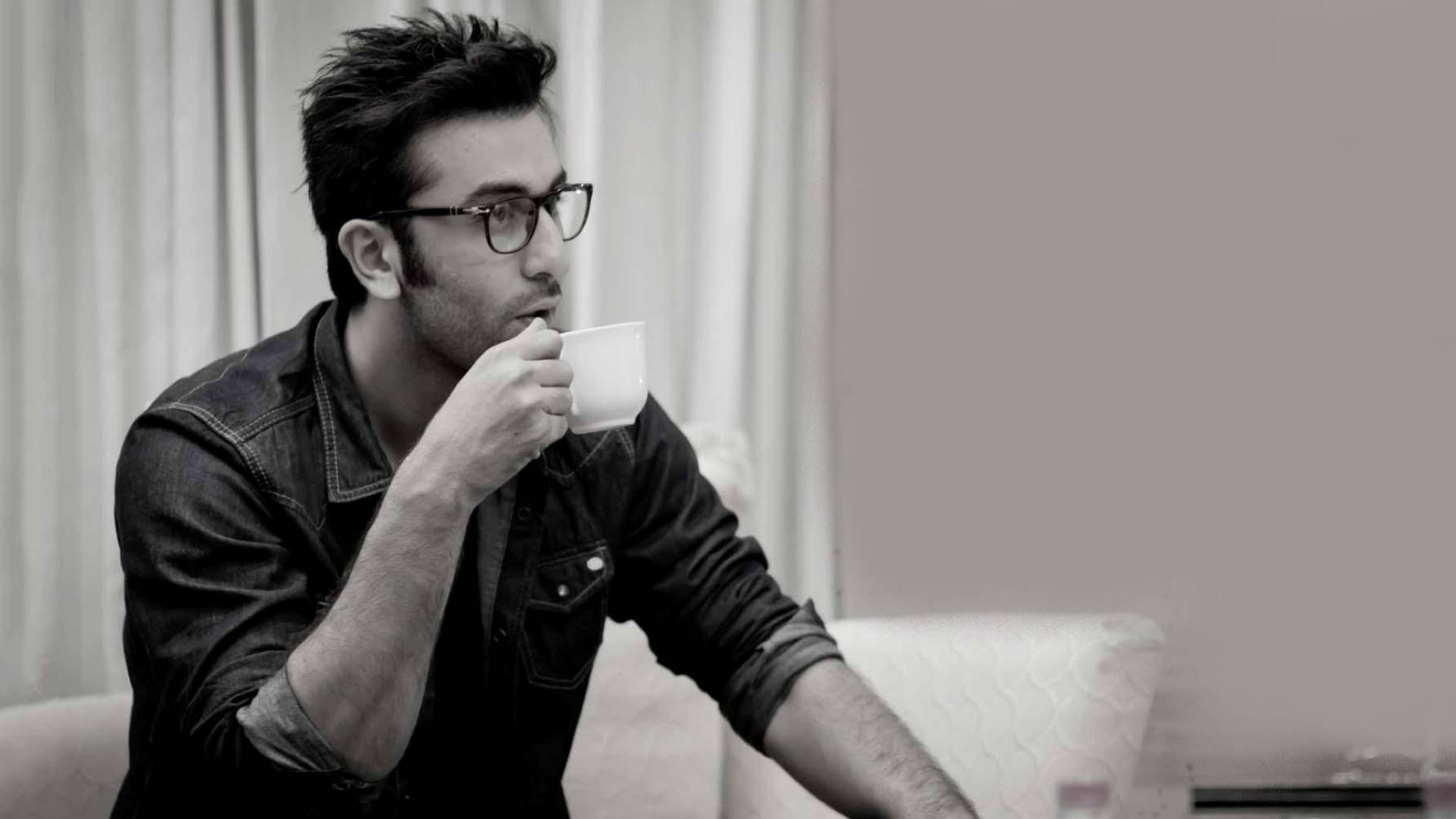 Ranbir Kapoor, glasses, white mug, Full HD Desktop Wallpaper