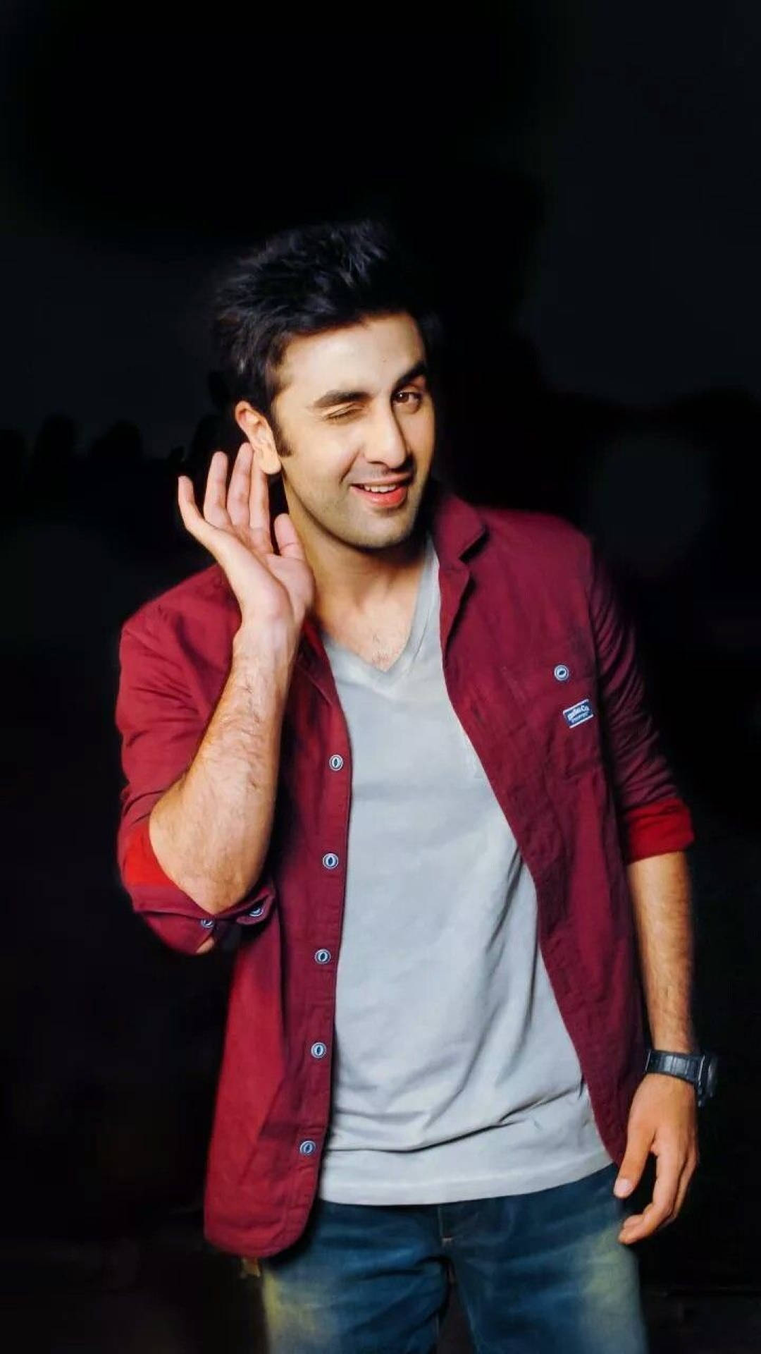 Ranbir Kapoor, red shirt, cupping hand to ear, Full HD Phone Wallpaper