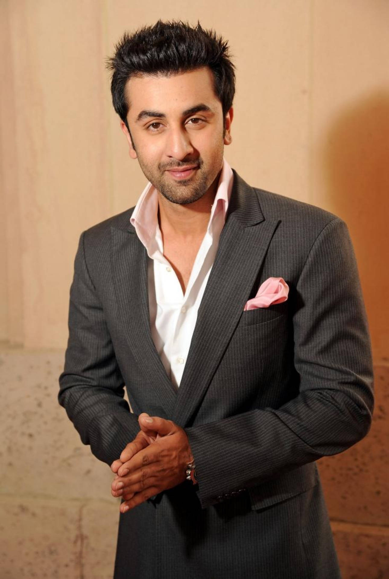 Ranbir Kapoor, grey pinstripe suit, pink pocket square, Full HD Phone Wallpaper