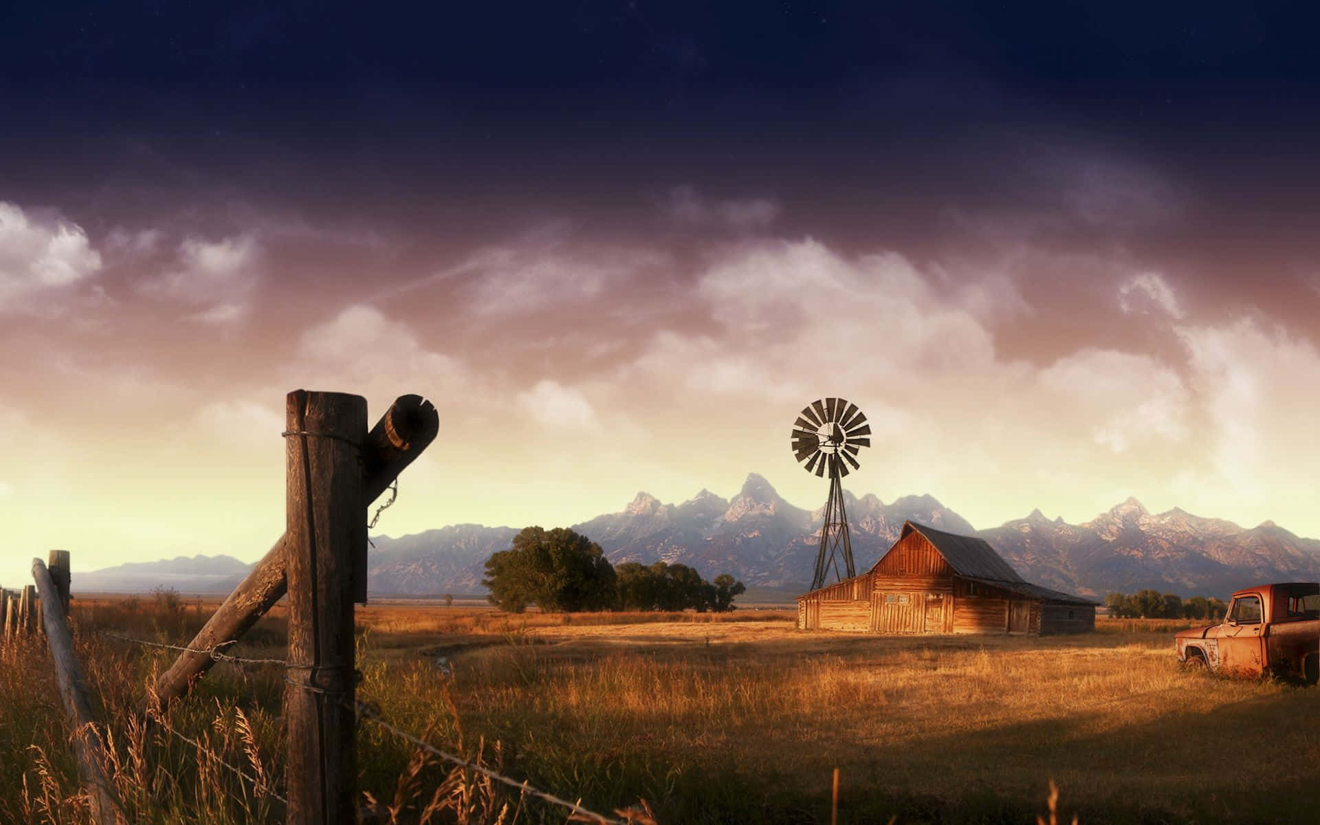 Ranch, rustic wooden fence, golden field, Full HD Desktop Wallpaper