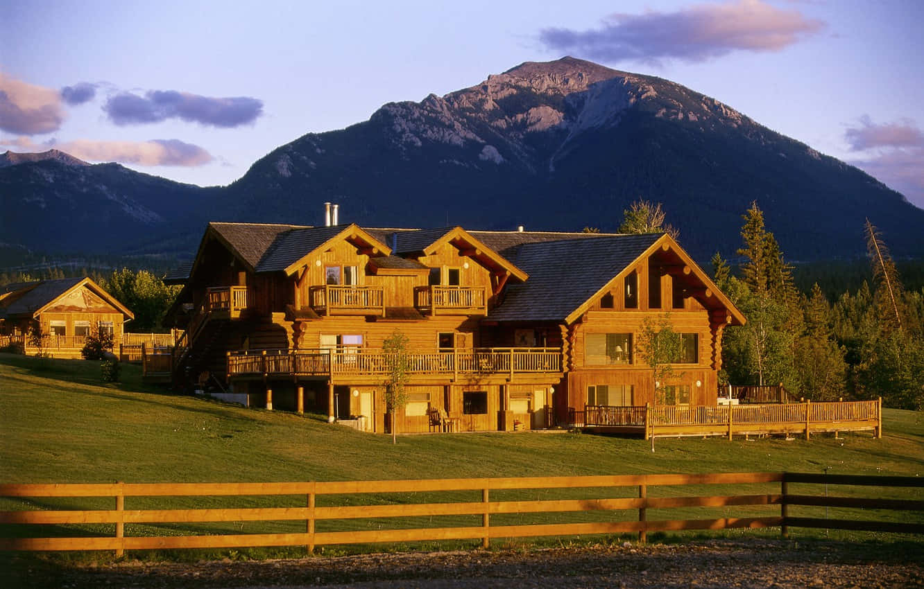 log cabin, mountains, sunset, HD Desktop Wallpaper