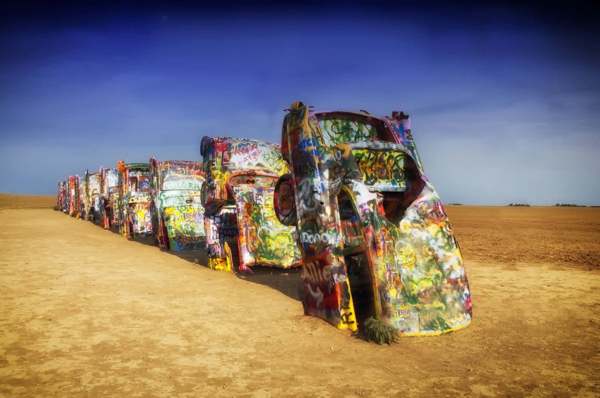 ranch, graffiti-covered car carcasses, vast desert, Full HD Desktop Wallpaper