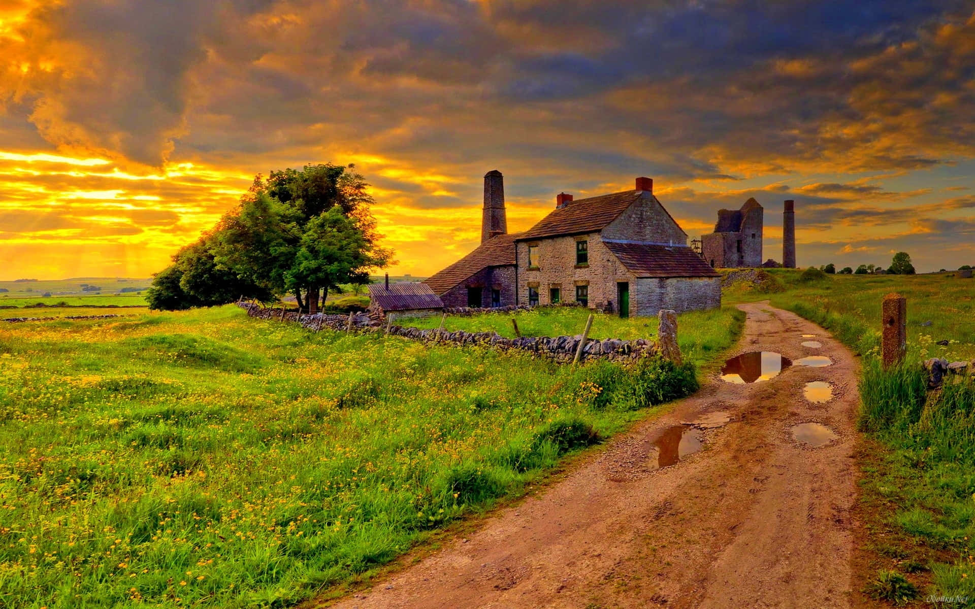ranch, rustic stone farmhouse, chimneys, Full HD Desktop Wallpaper