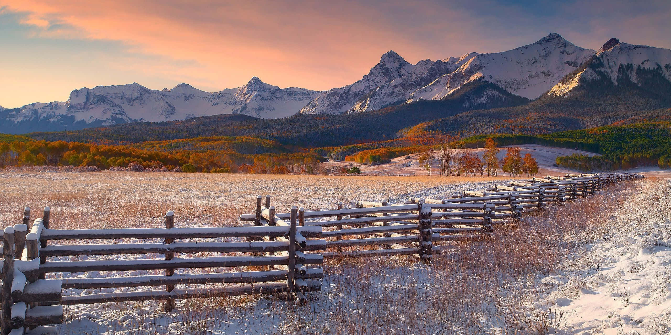 ranch, snow-dusted wooden fence, snow-capped mountains, 2K Desktop Wallpaper