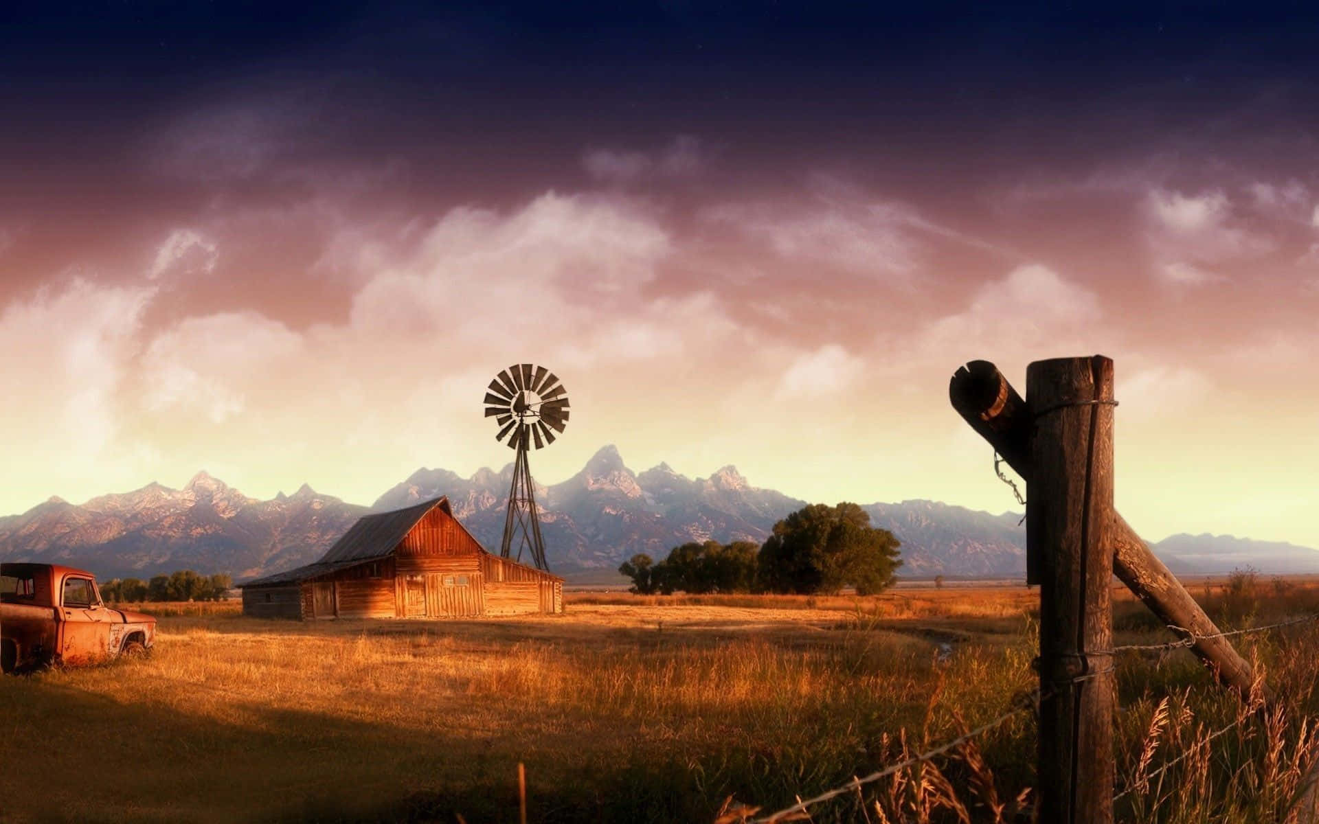 ranch, wooden barn, windmill, Full HD Desktop Wallpaper