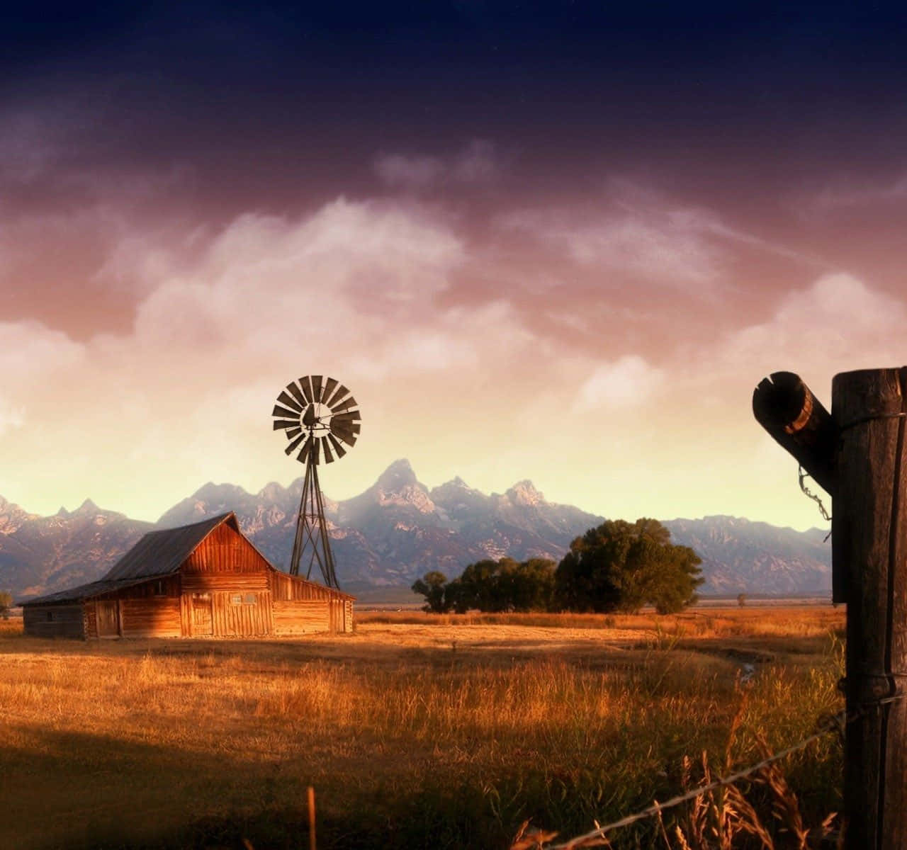 ranch, wooden barn, windmill, HD Desktop Wallpaper