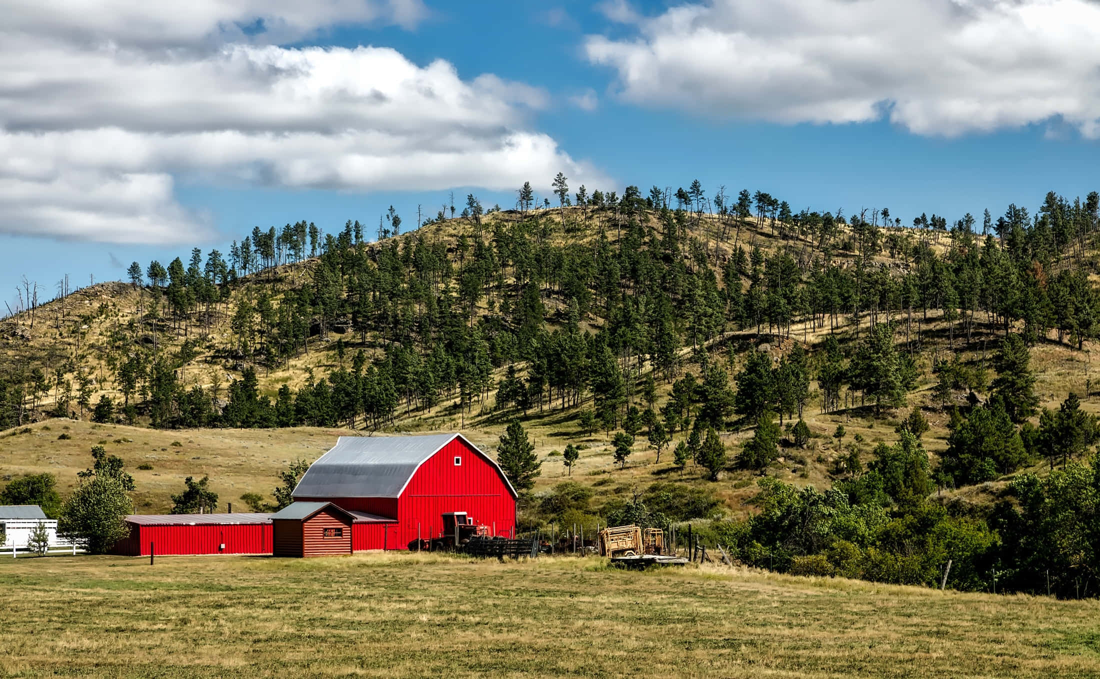ranch, vibrant red barn, silver roof, Full HD Desktop Wallpaper