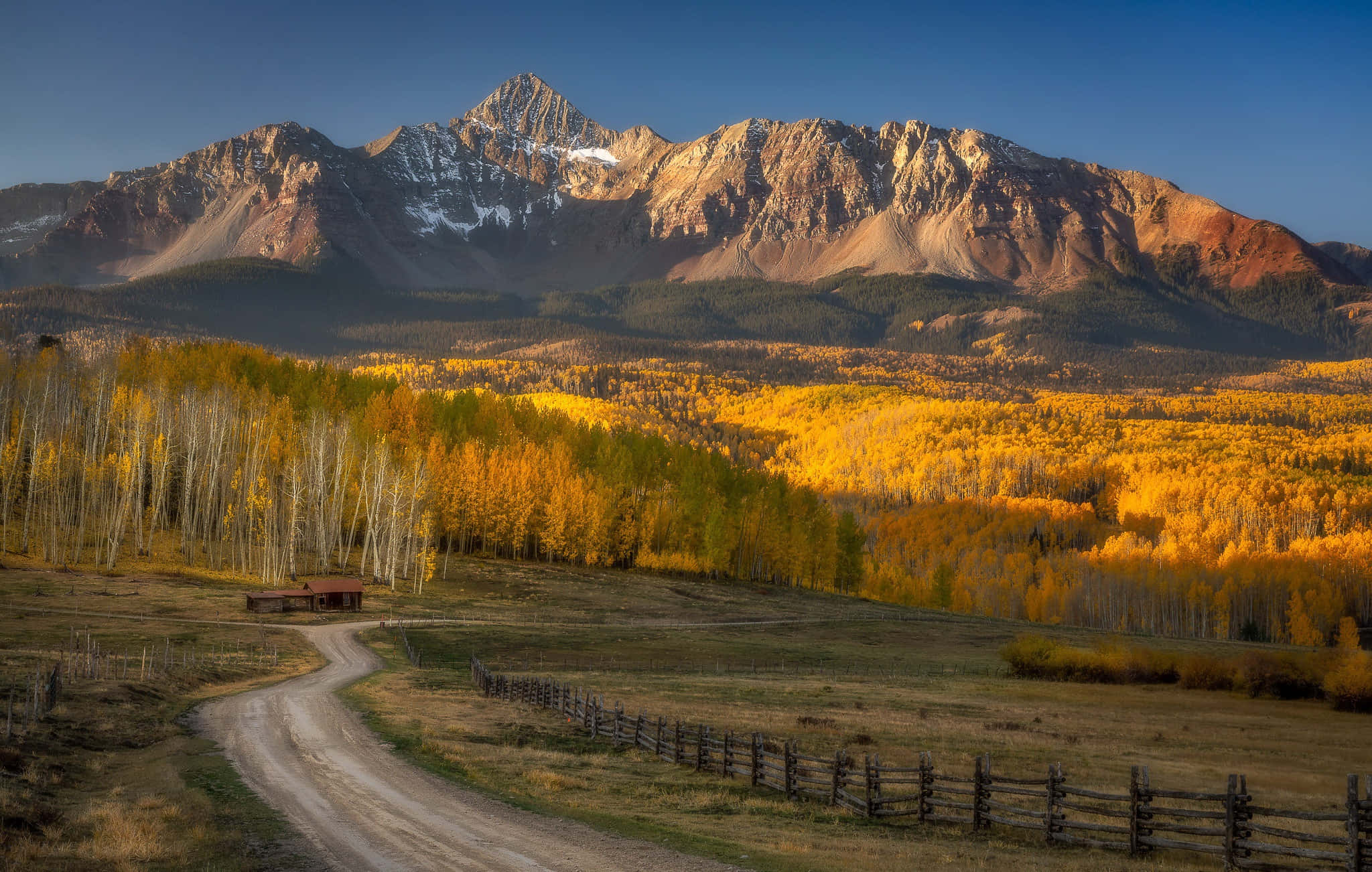 Ranch, golden aspen forest, snow-capped mountains, Full HD Desktop Wallpaper