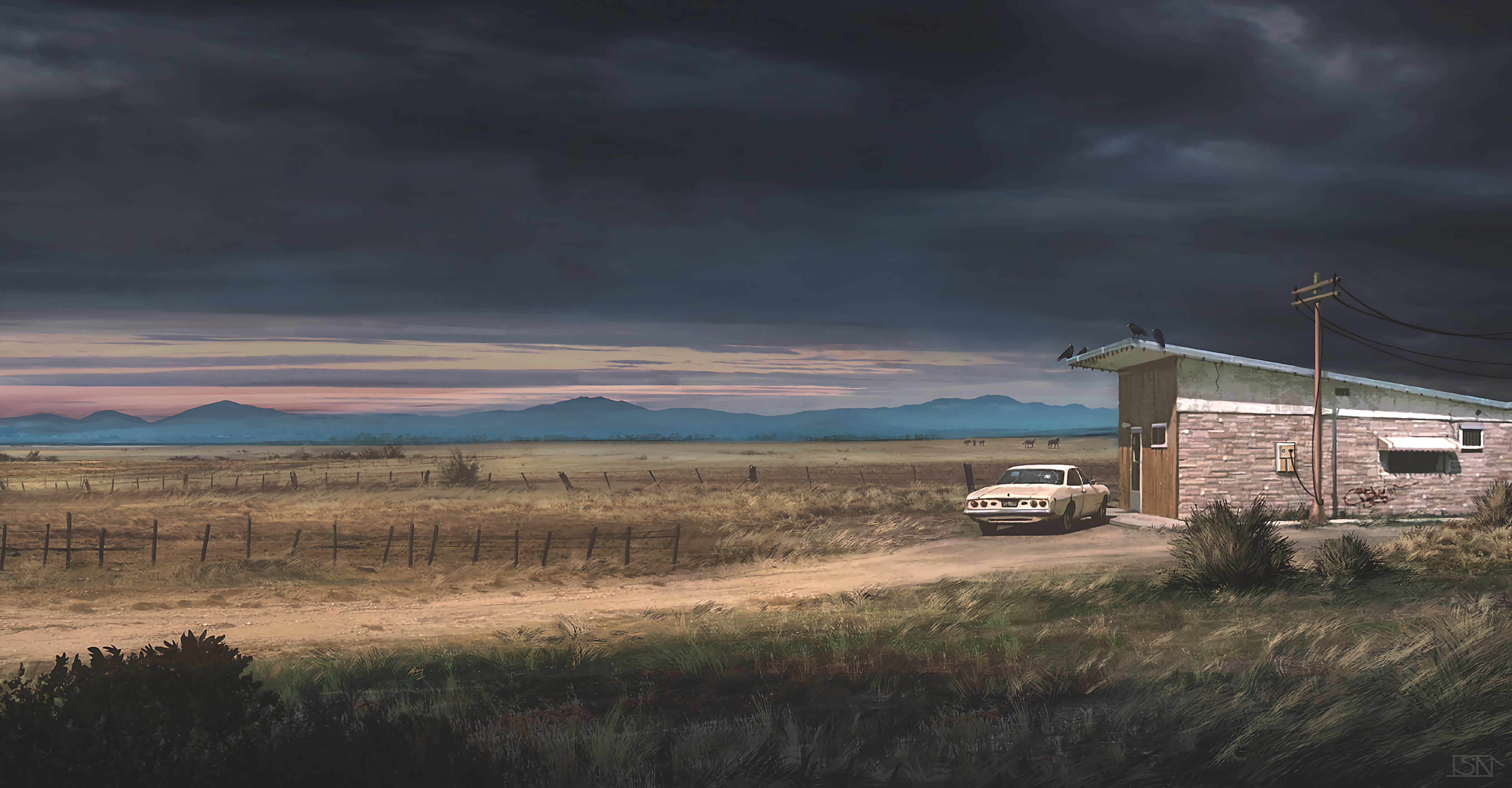 country ranch car, rustic shack, twilight sky, 5K Desktop Wallpaper