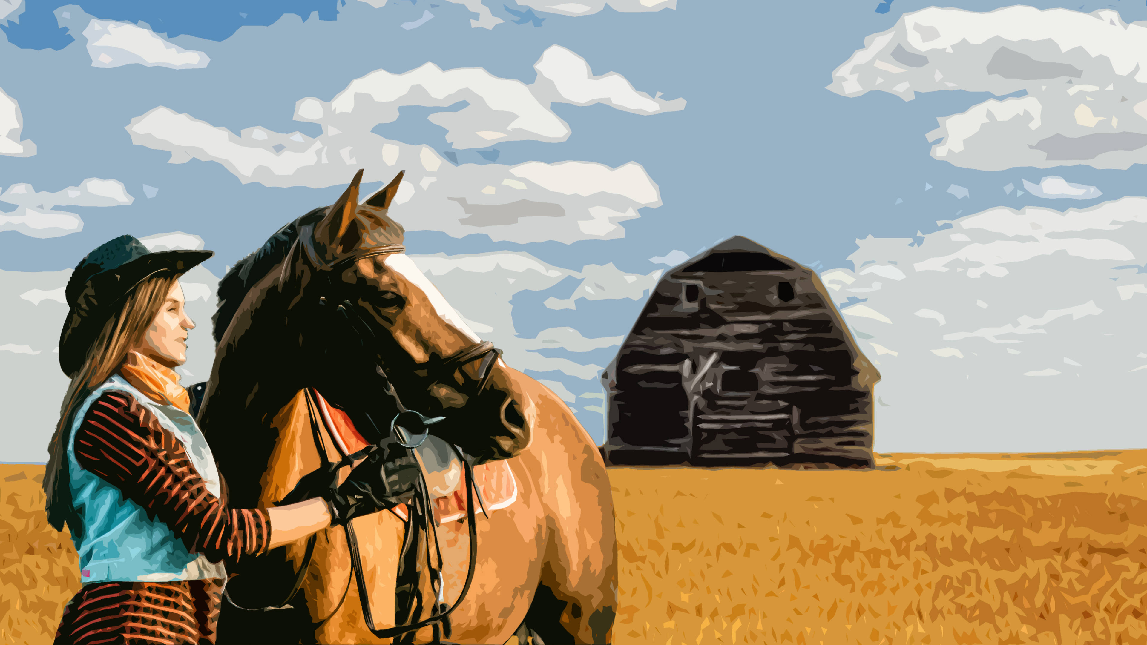 cowboy hat, brown horse, golden field, 4K Desktop Wallpaper