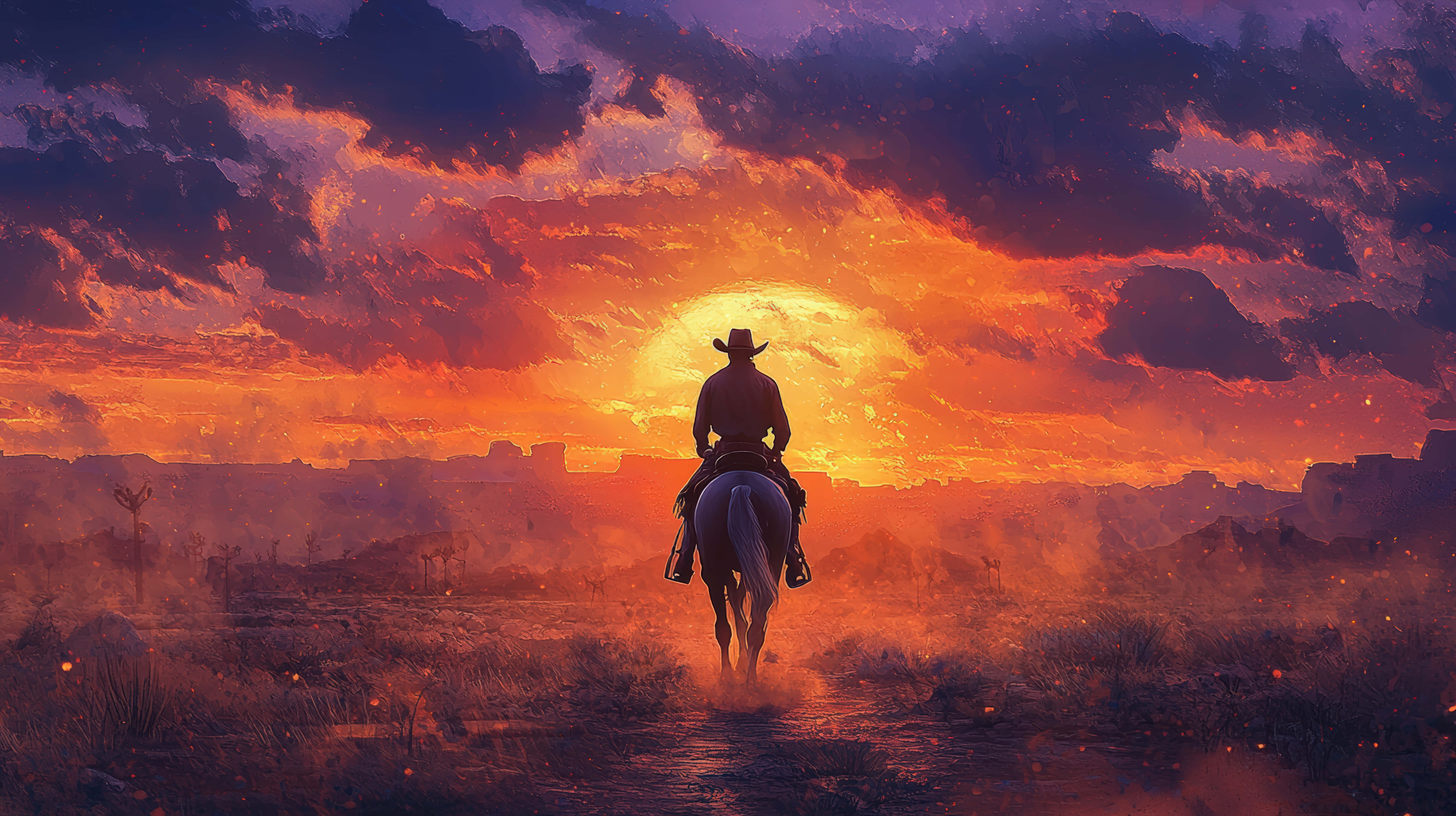 lone cowboy, horseback, fiery sunset, 8K Desktop Wallpaper