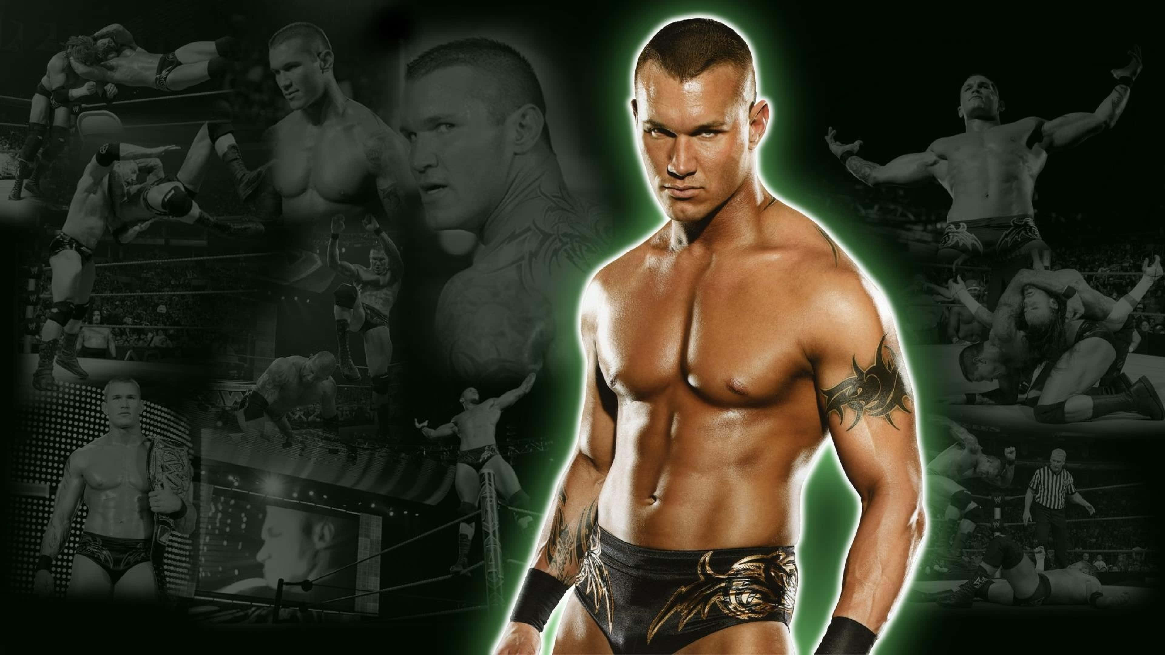 Randy Orton, glowing green outline, black and white action shots, 4K Desktop Wallpaper