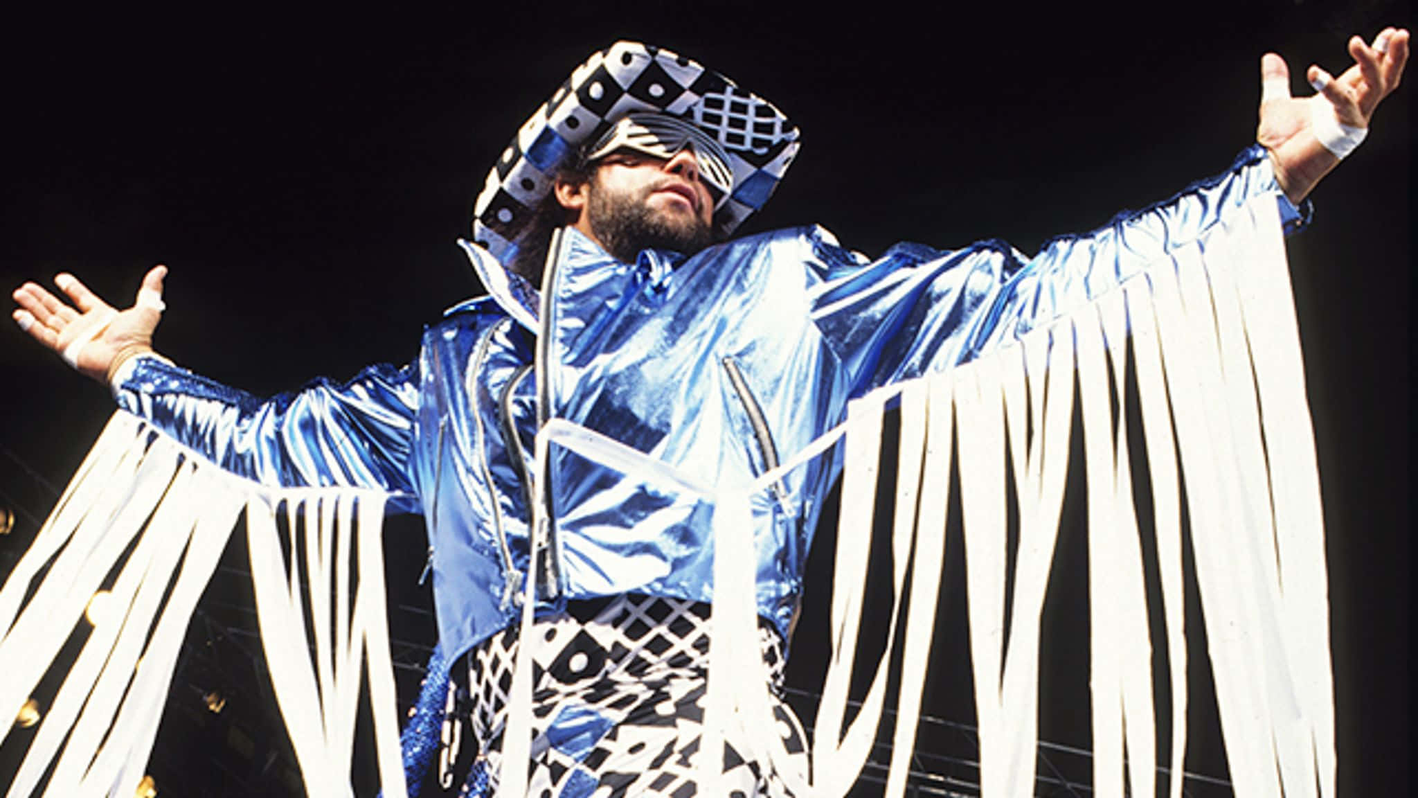 Randy Savage, shiny blue jacket, black-and-white patterned hat, Full HD Desktop Wallpaper