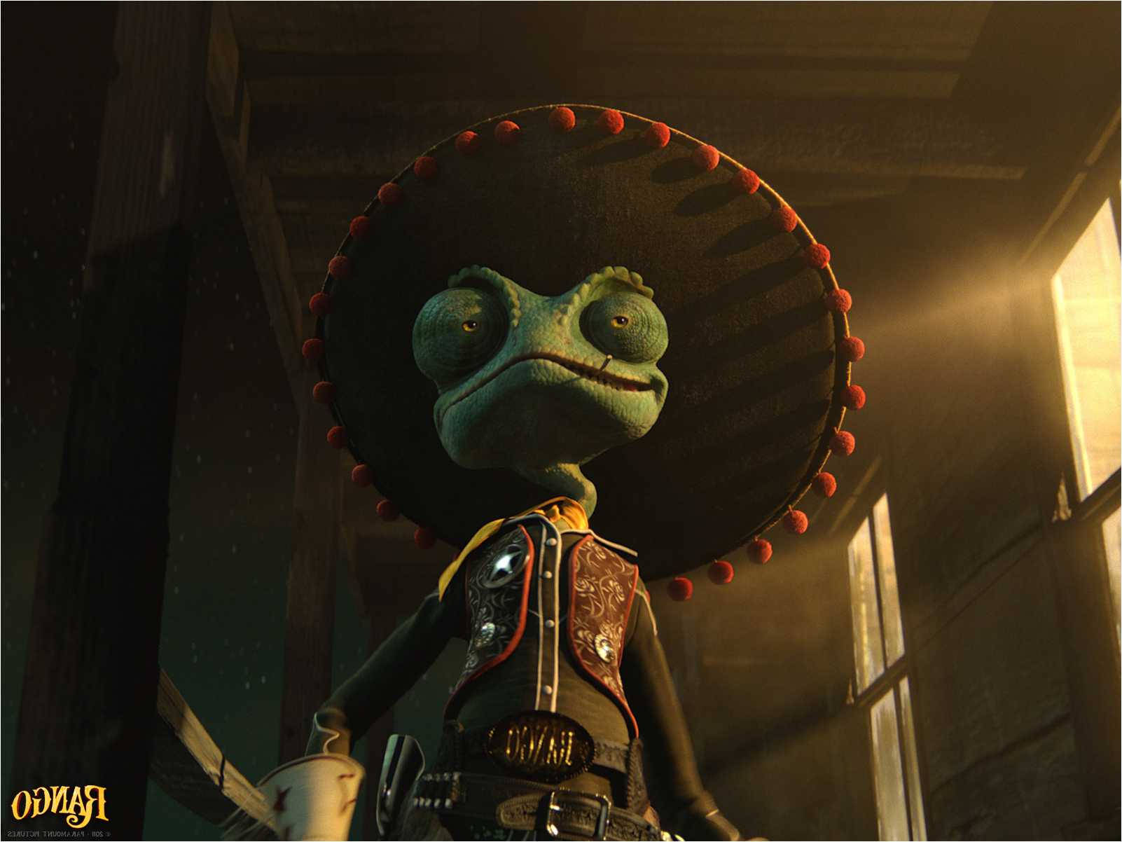 Rango, green chameleon, sombrero, HD Desktop Wallpaper