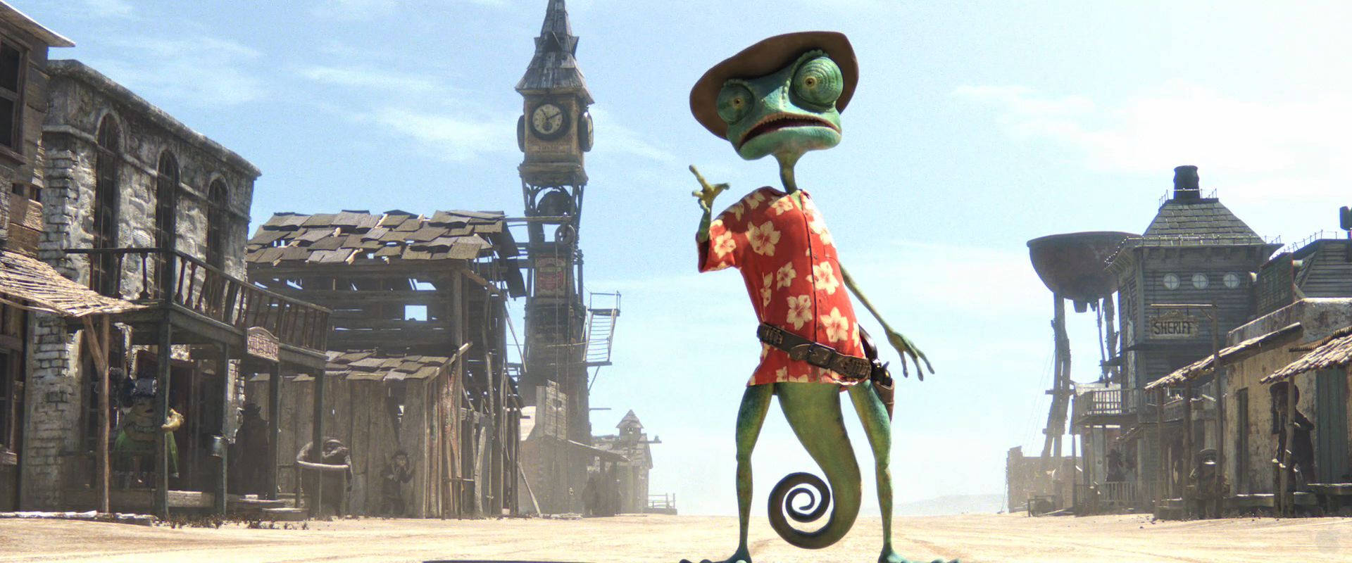 Rango, green chameleon, red floral shirt, Full HD Desktop Wallpaper
