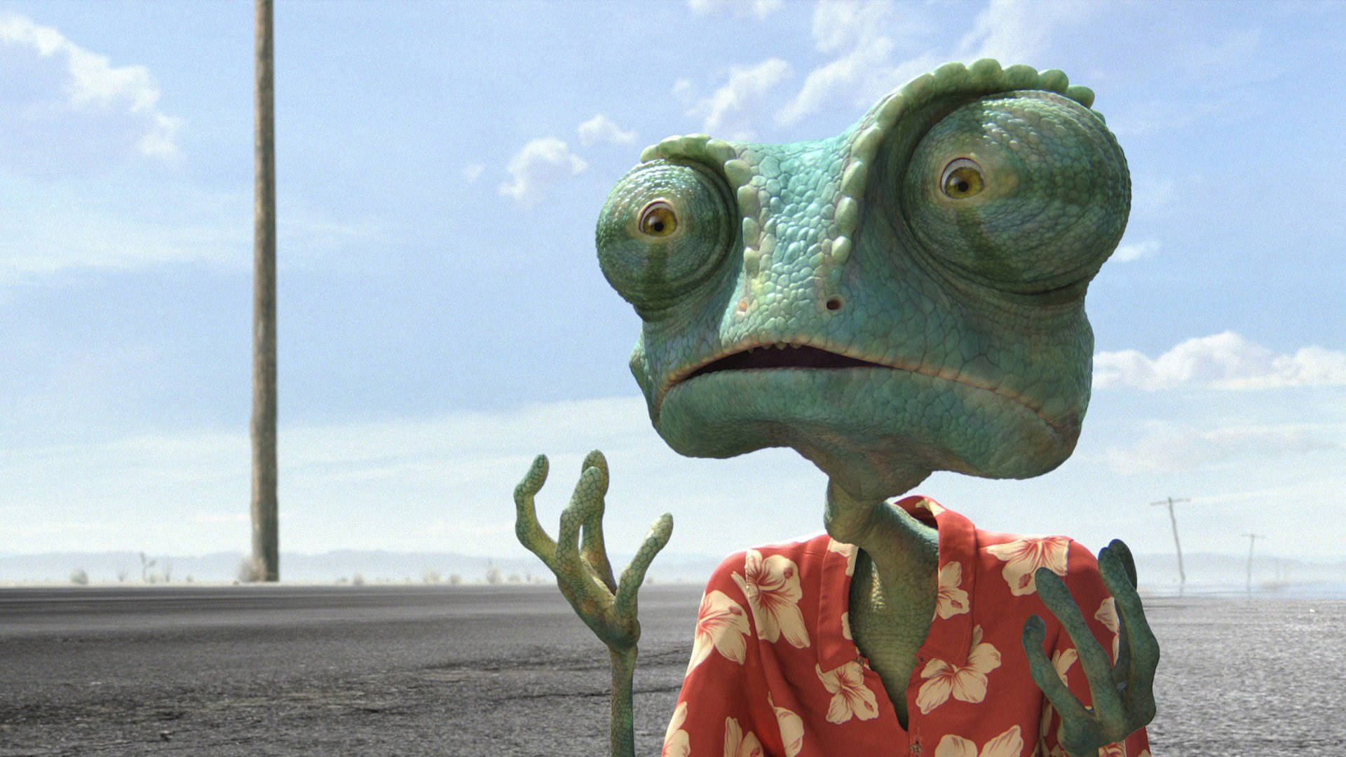 Rango, green chameleon, red floral shirt, Full HD Desktop Wallpaper