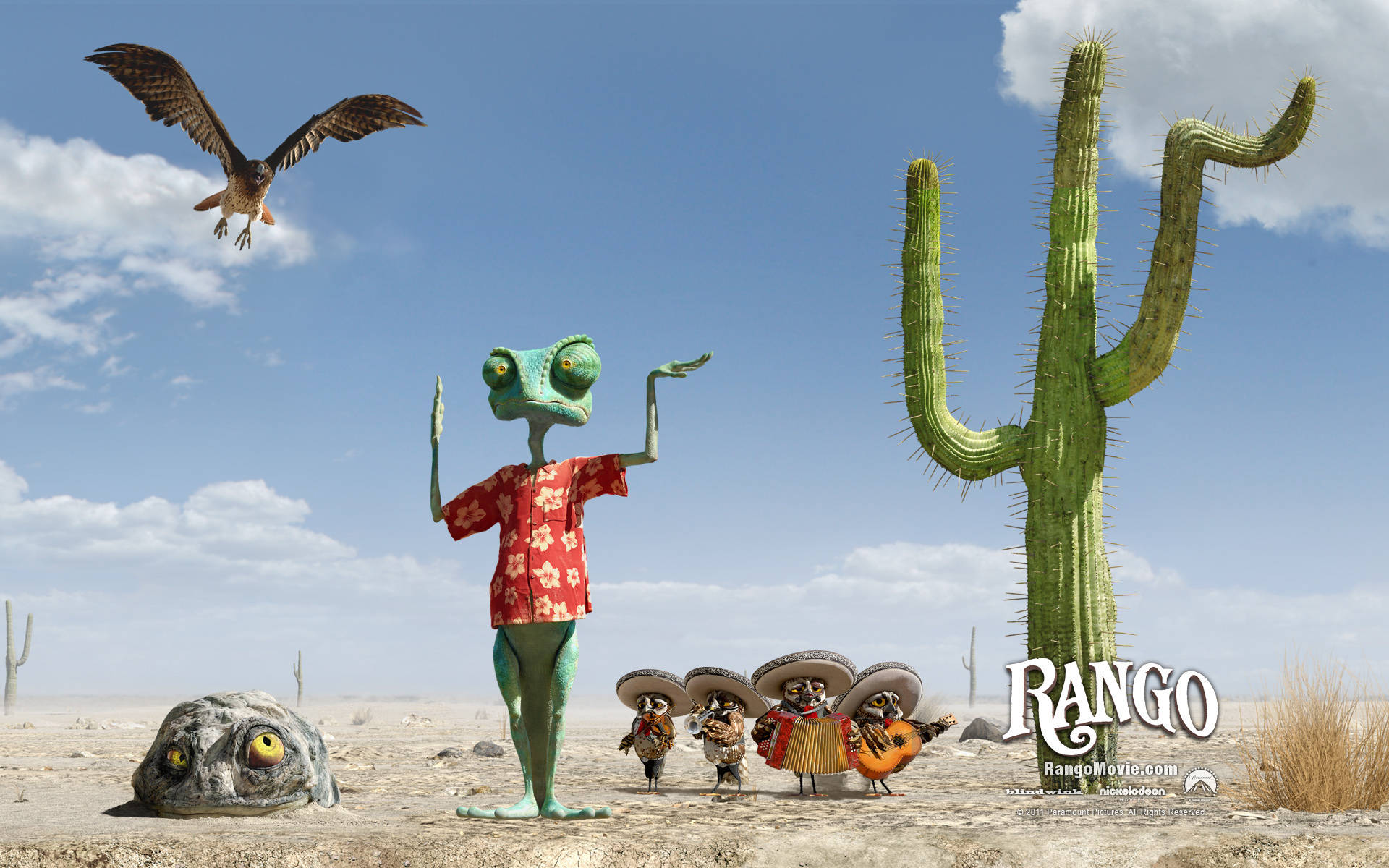 Rango, green chameleon, red floral shirt, Full HD Desktop Wallpaper
