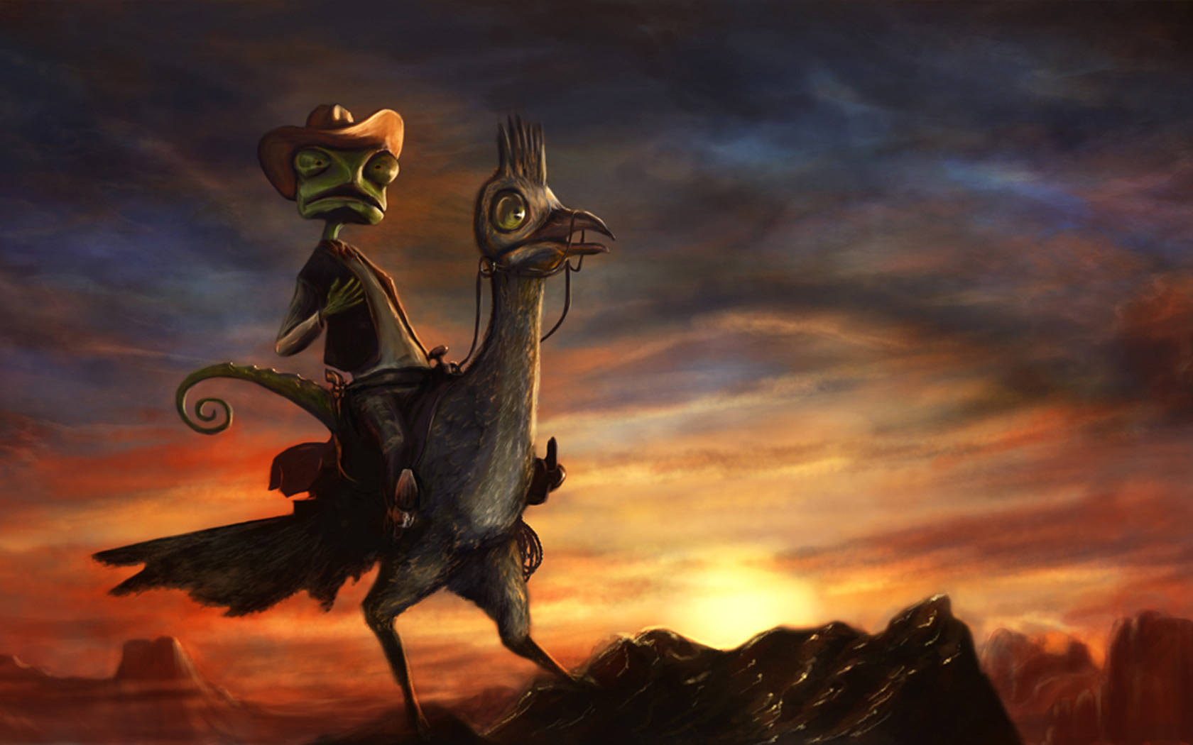 Rango, fiery sunset, rocky terrain, HD Desktop Wallpaper