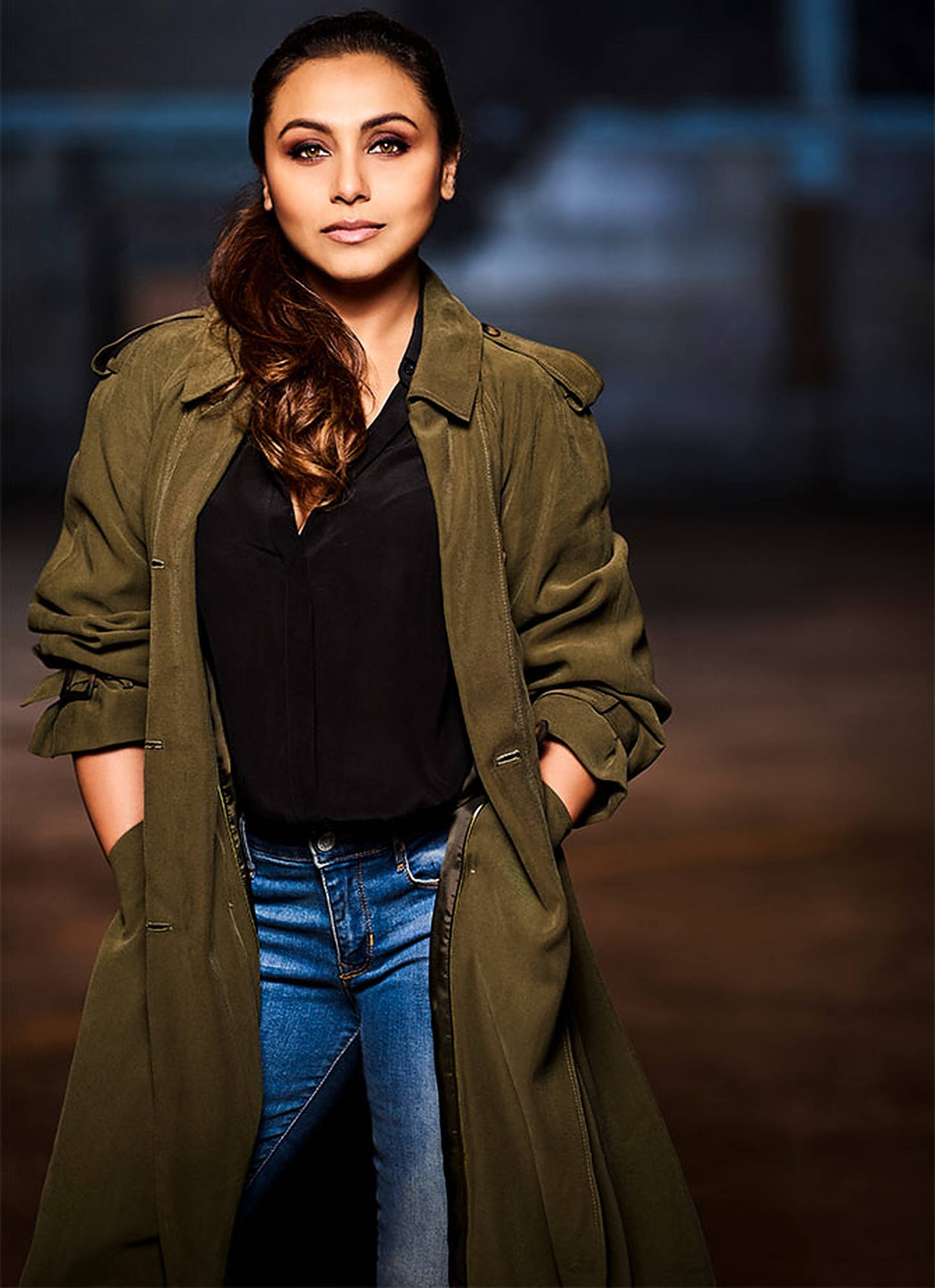 Rani Mukerji, olive trench coat, jeans, Full HD Phone Wallpaper