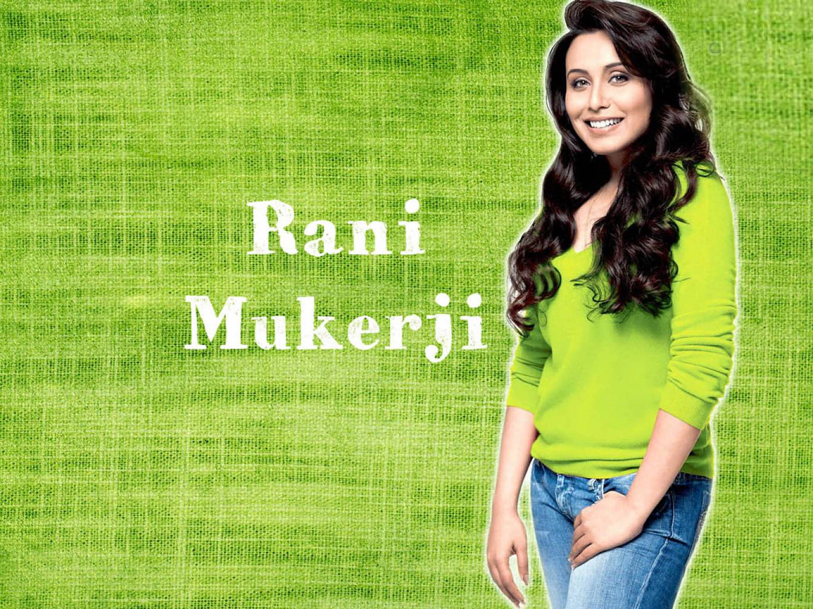 Rani Mukerji, bright green sweater, textured green background, 2K Desktop Wallpaper