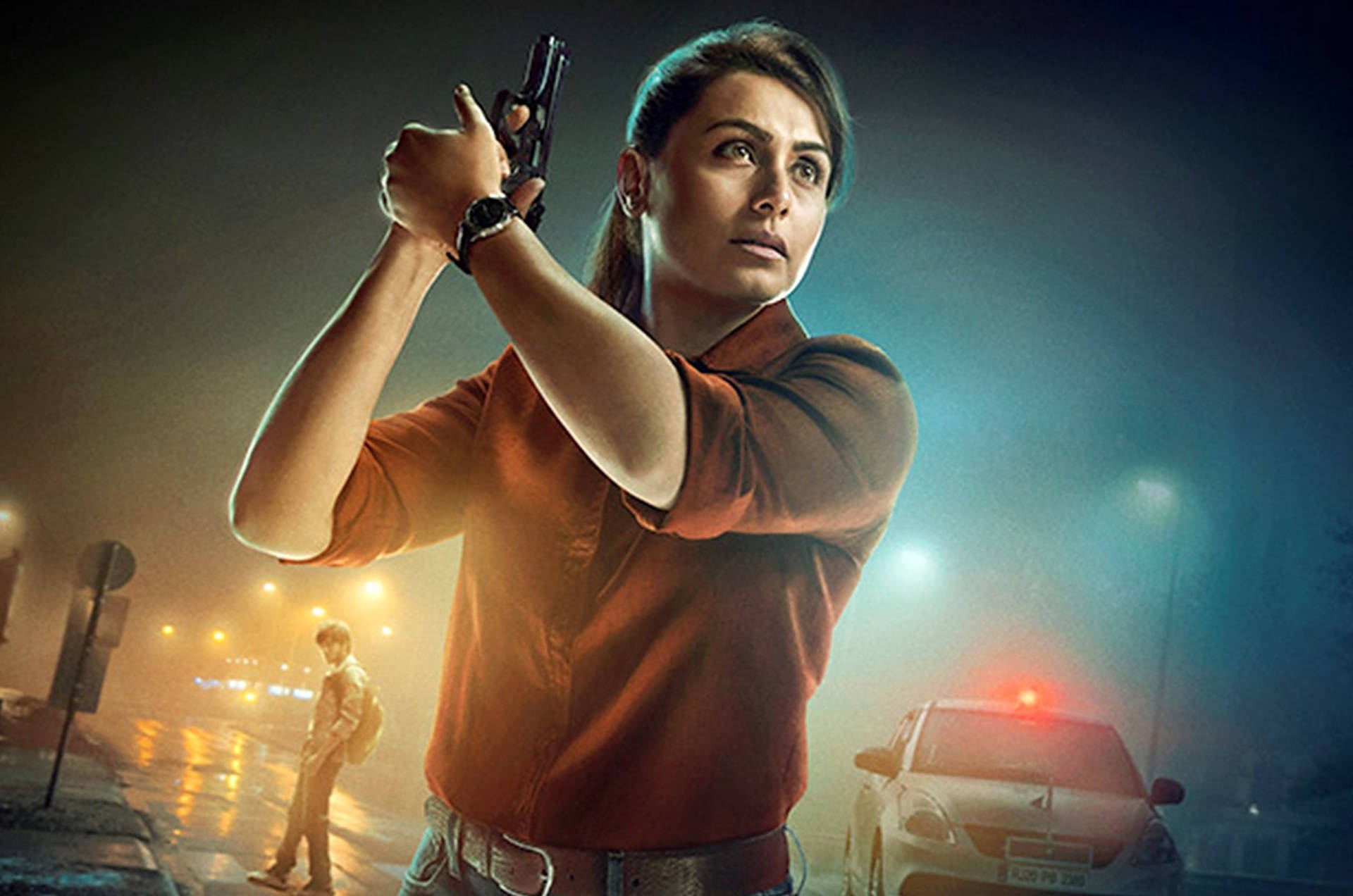 Rani Mukerji, orange shirt, handgun, Full HD Desktop Wallpaper
