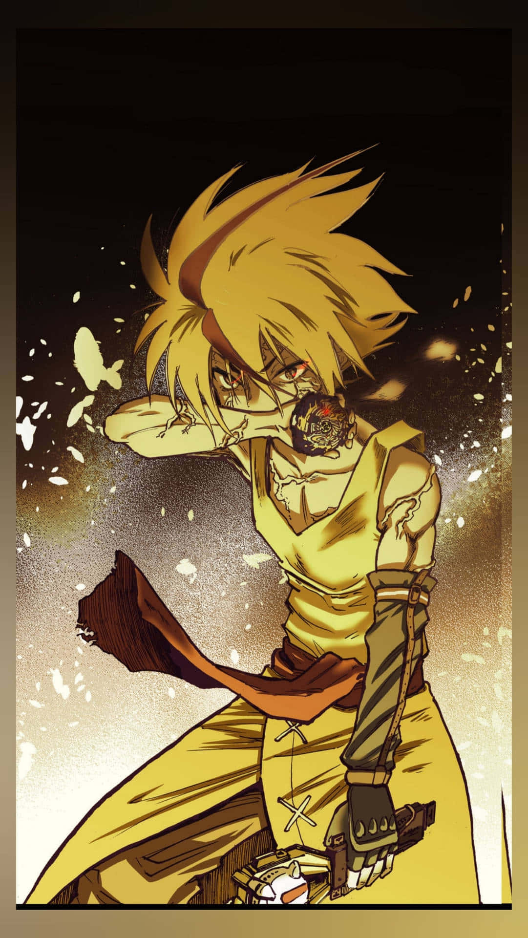 Rantaro Kiyama, spiky-haired anime warrior, yellow armor, Full HD Phone Wallpaper