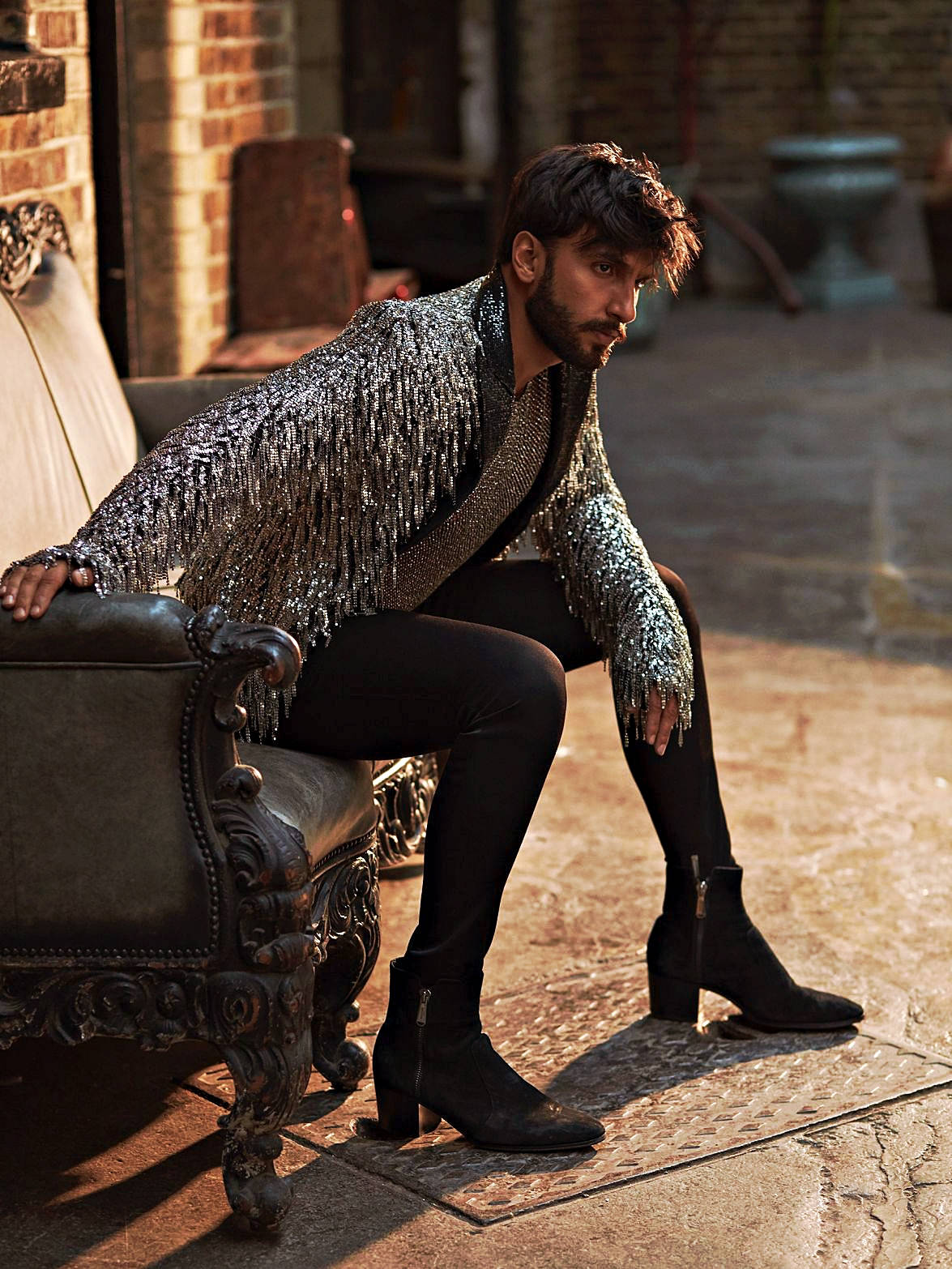 Ranveer Singh, shimmering silver fringe jacket, ornate leather chair, HD Phone Wallpaper