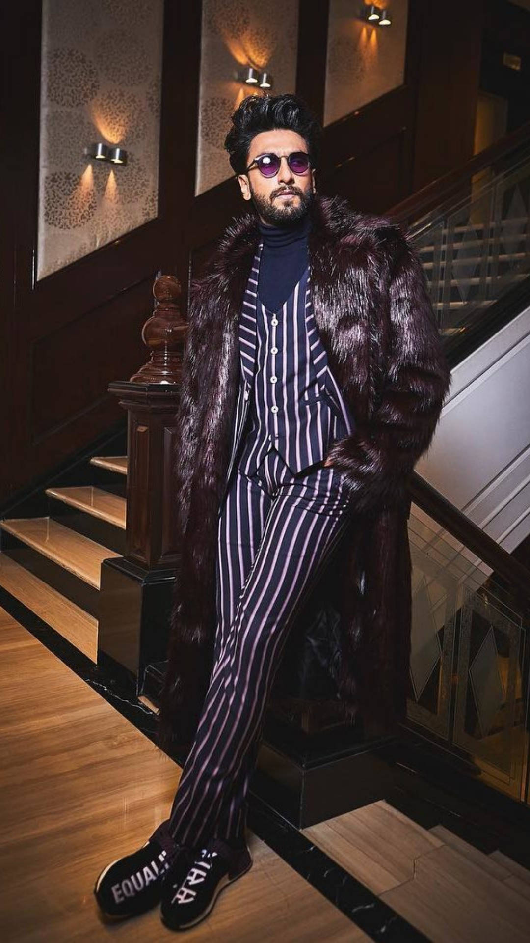 Ranveer Singh, fur coat, striped suit, Full HD Phone Wallpaper