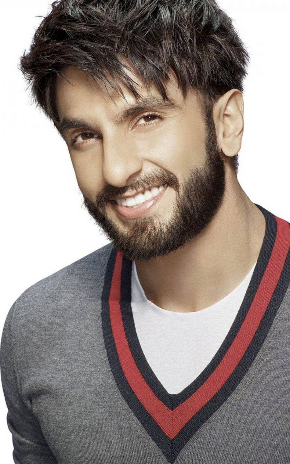 Ranveer Singh, gray v-neck sweater, red and black trim, HD Phone Wallpaper