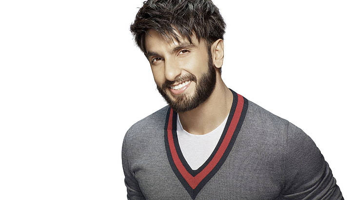 Ranveer Singh, gray v-neck sweater, plain white background, SD Desktop Wallpaper